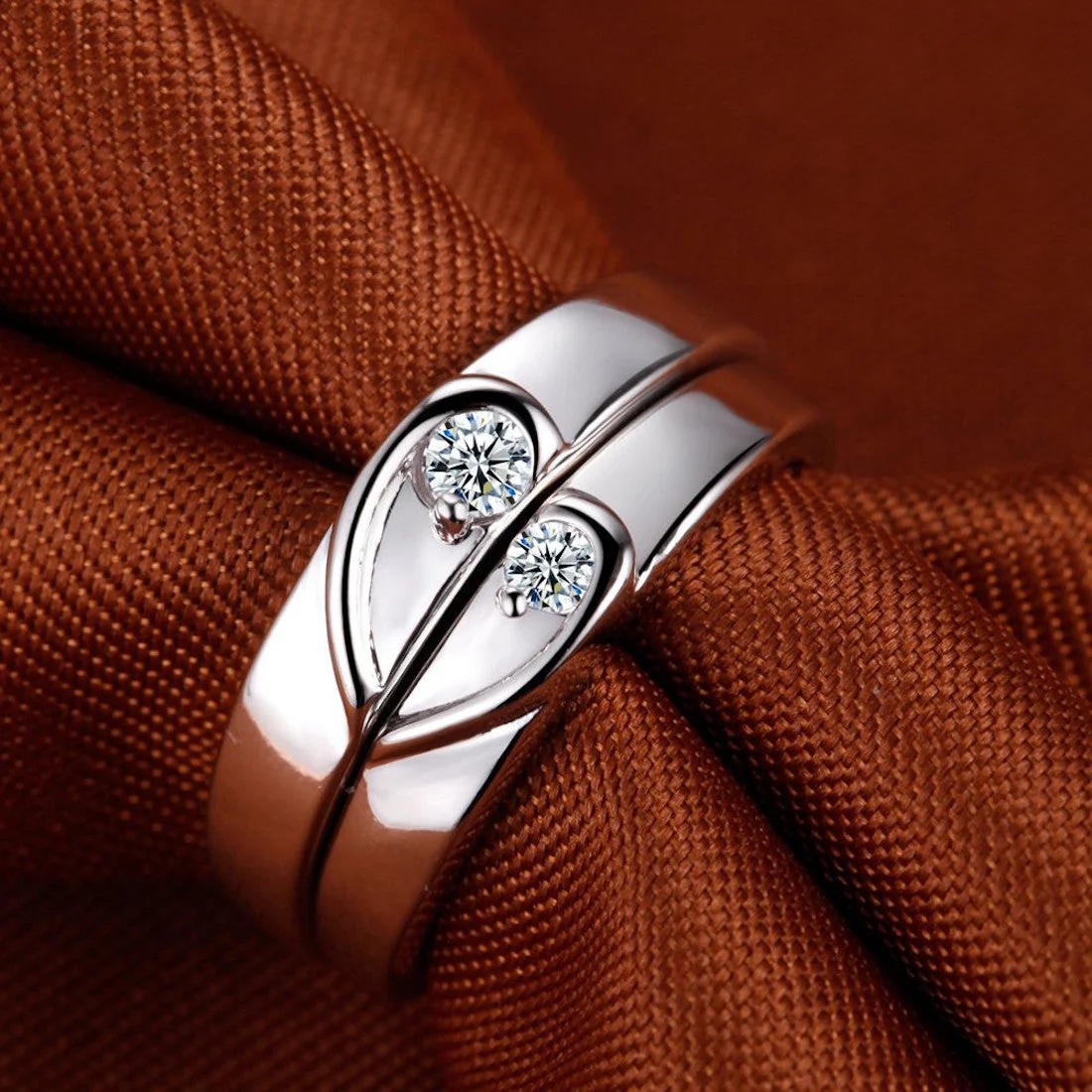Platinum Plated Romantic Lover'S Adjustable Silver Plated Adjustable Broken Heart Metal Cubic Zirconia Couple Ring Set Metal Platinum Plated Ring - Image 4