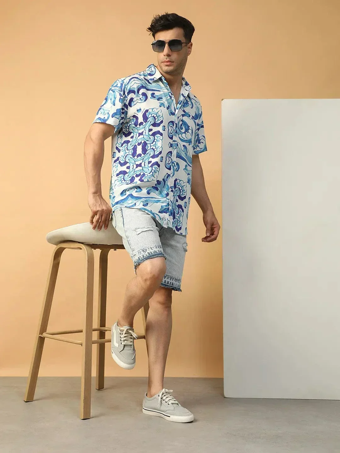 Player Blue Abstract Print Collared Short Sleeve Men Oversized Shirt - Image 2