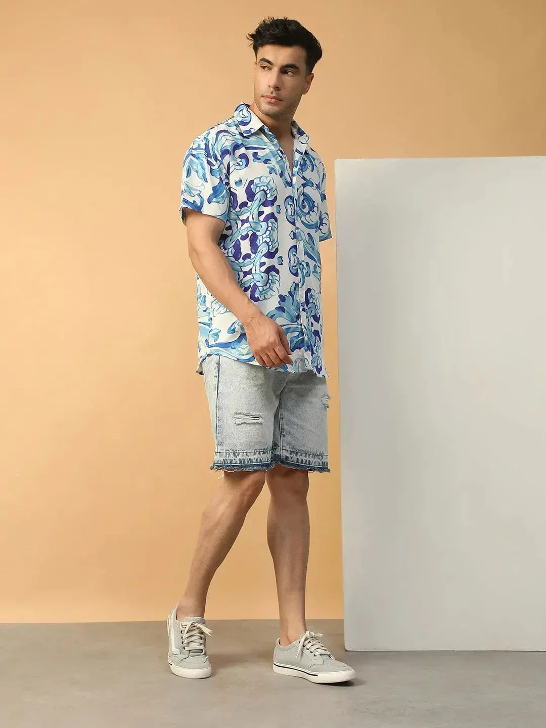 Player Blue Abstract Print Collared Short Sleeve Men Oversized Shirt - Image 3