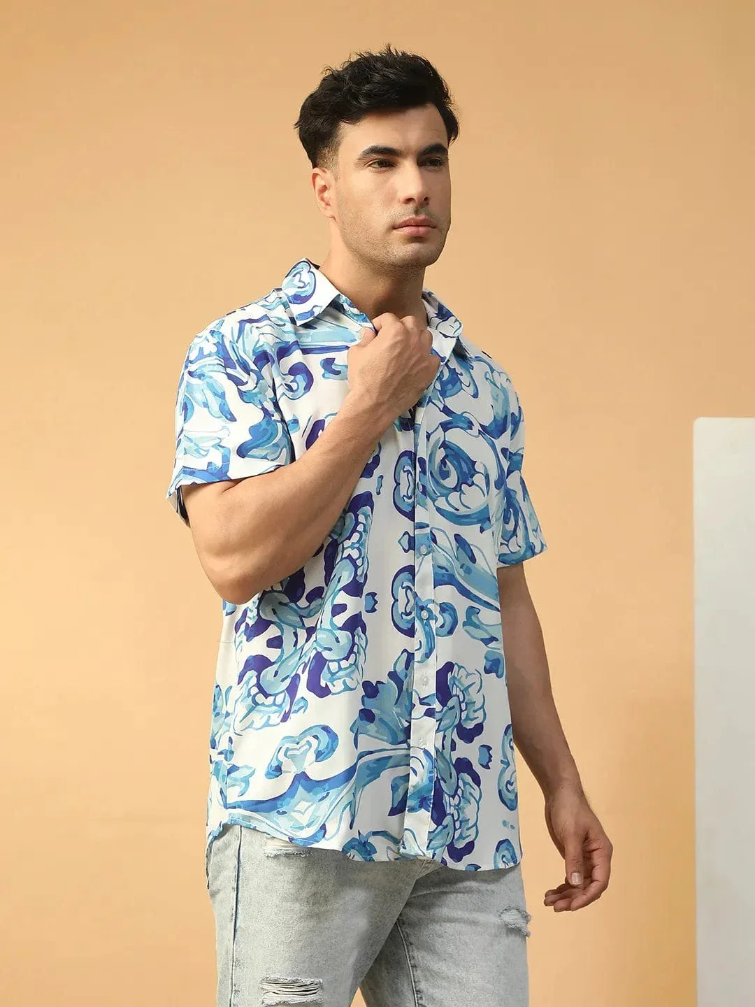Player Blue Abstract Print Collared Short Sleeve Men Oversized Shirt - Image 5
