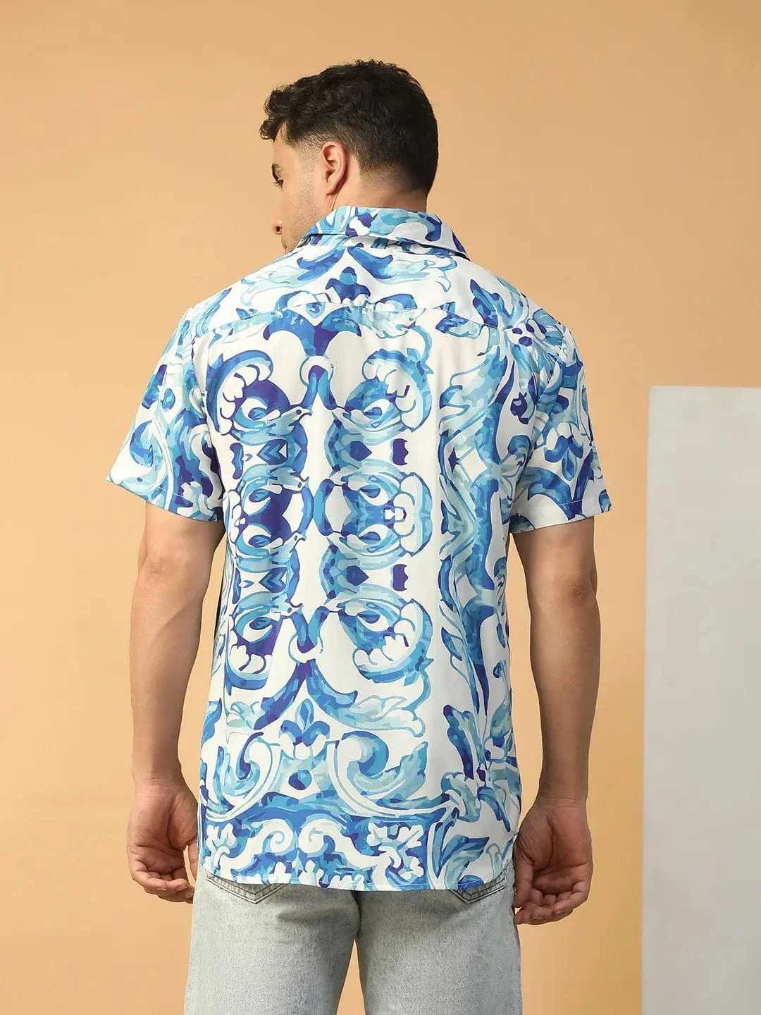Player Blue Abstract Print Collared Short Sleeve Men Oversized Shirt - Image 6
