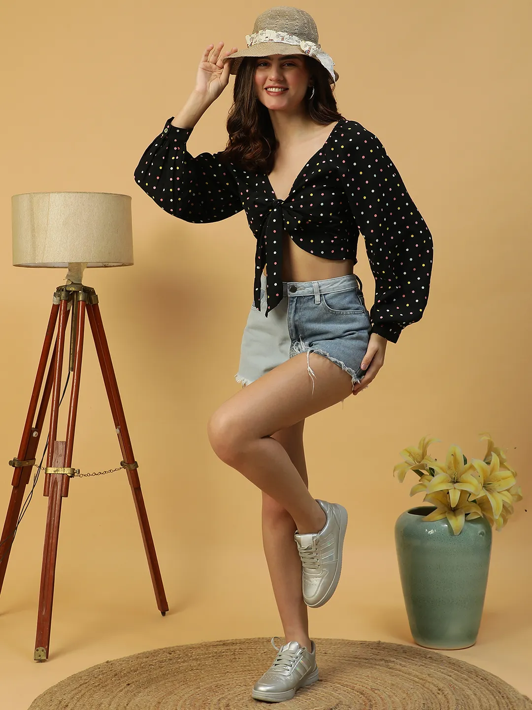 Playful Black Polka Dot Print Tie-knotted long Sleeve Crop Women Top