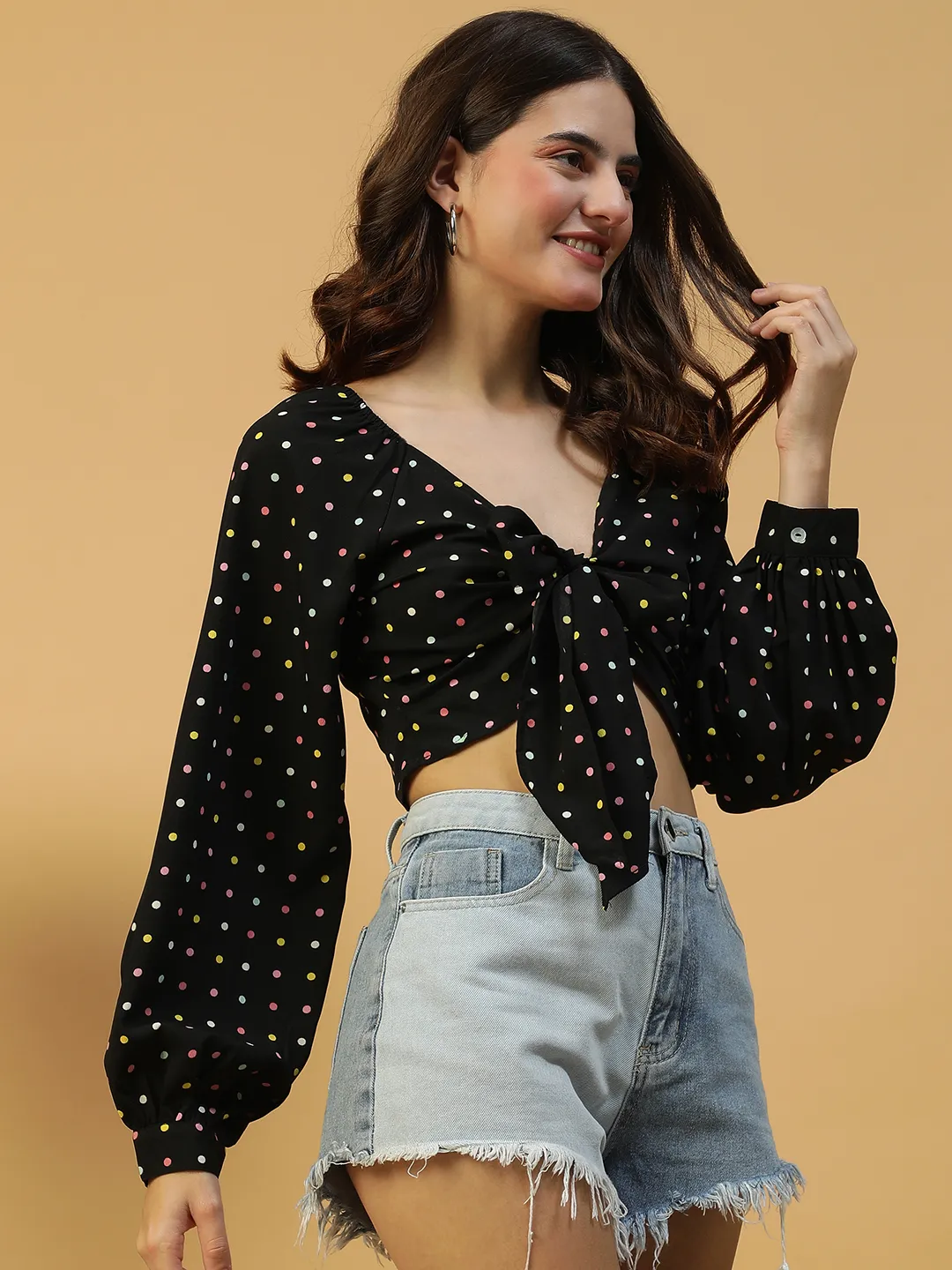 Playful Black Polka Dot Print Tie-knotted long Sleeve Crop Women Top - Image 5