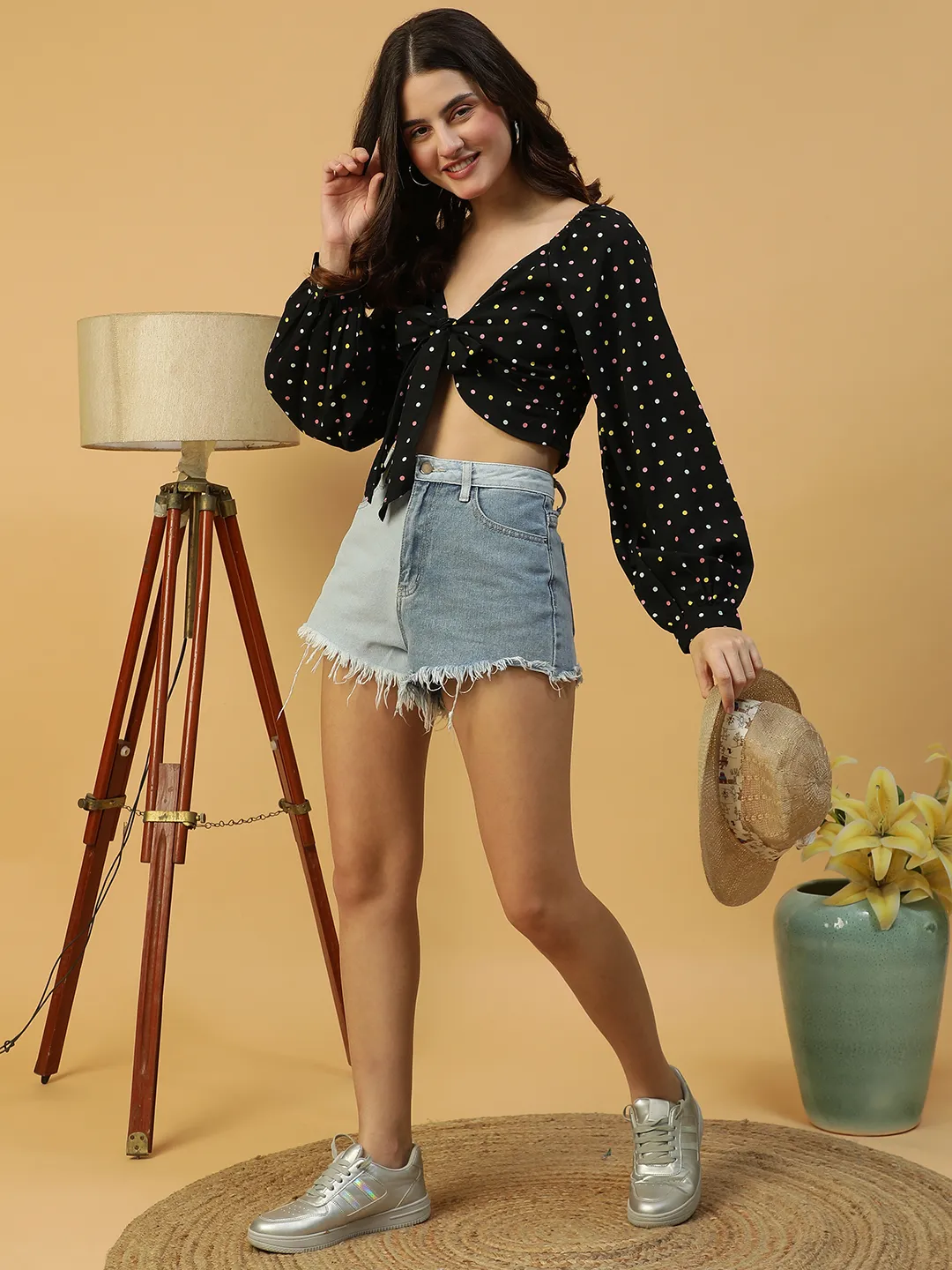 Playful Black Polka Dot Print Tie-knotted long Sleeve Crop Women Top - Image 2