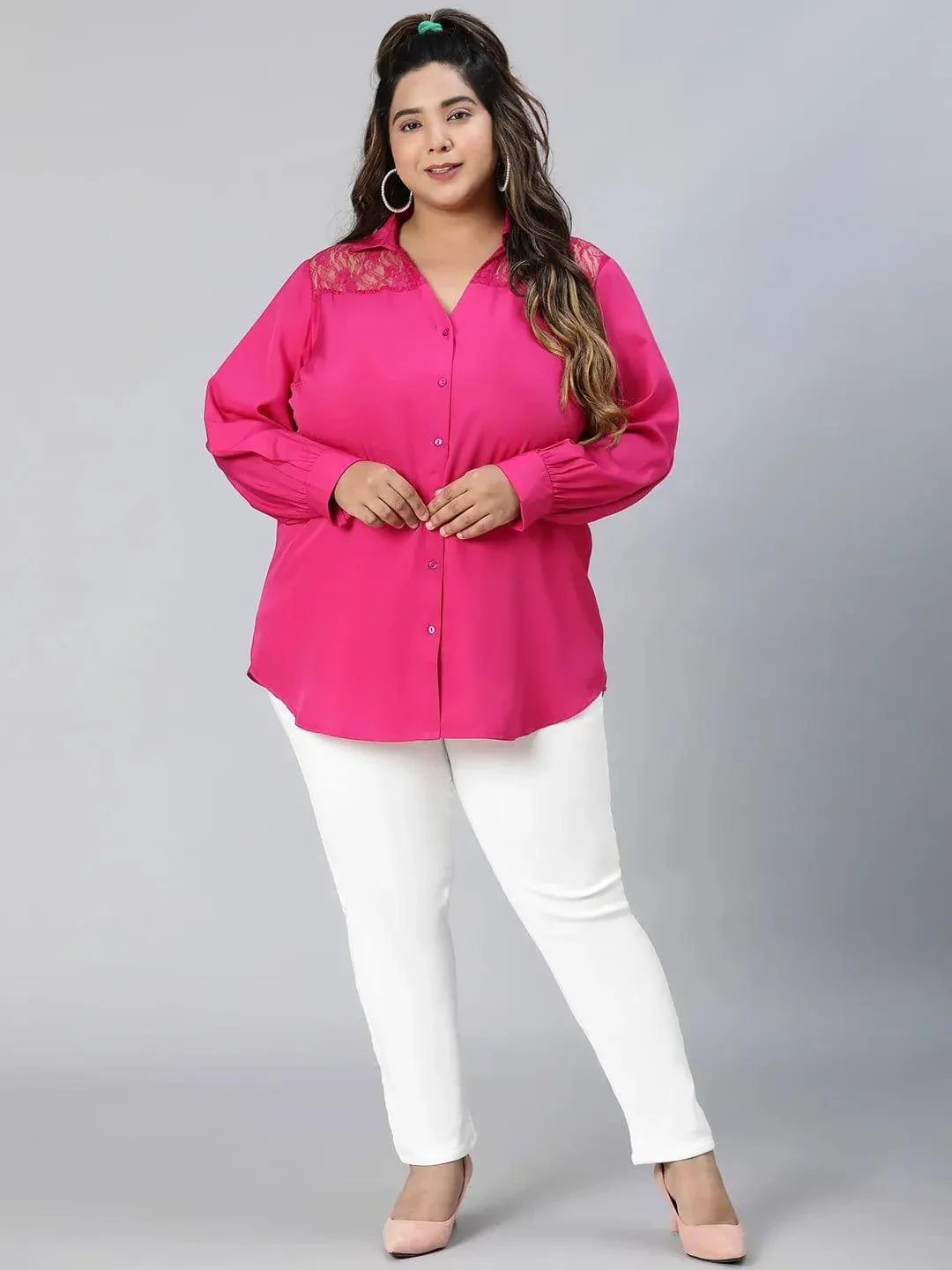 Plum Pink Lace Detail Long Sleeve Plus Size Shirt - Image 3