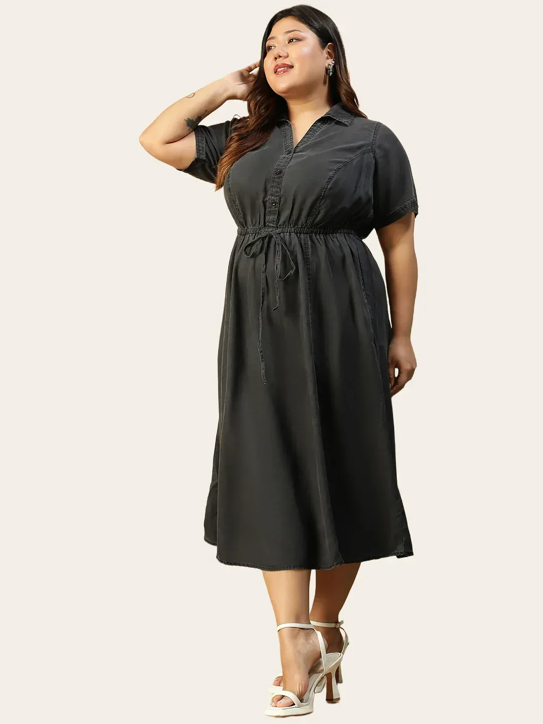 Plus Size Black Denim Cotton Below Knee Elasticated Dress