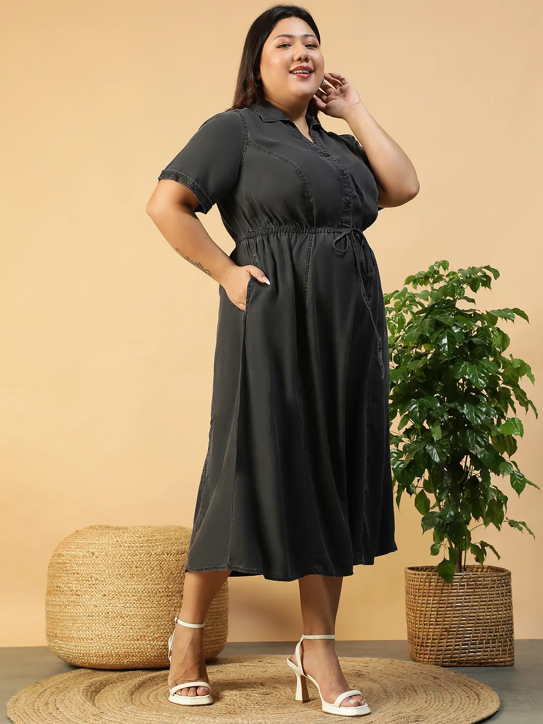 Plus Size Black Denim Cotton Below Knee Elasticated Dress - Image 5