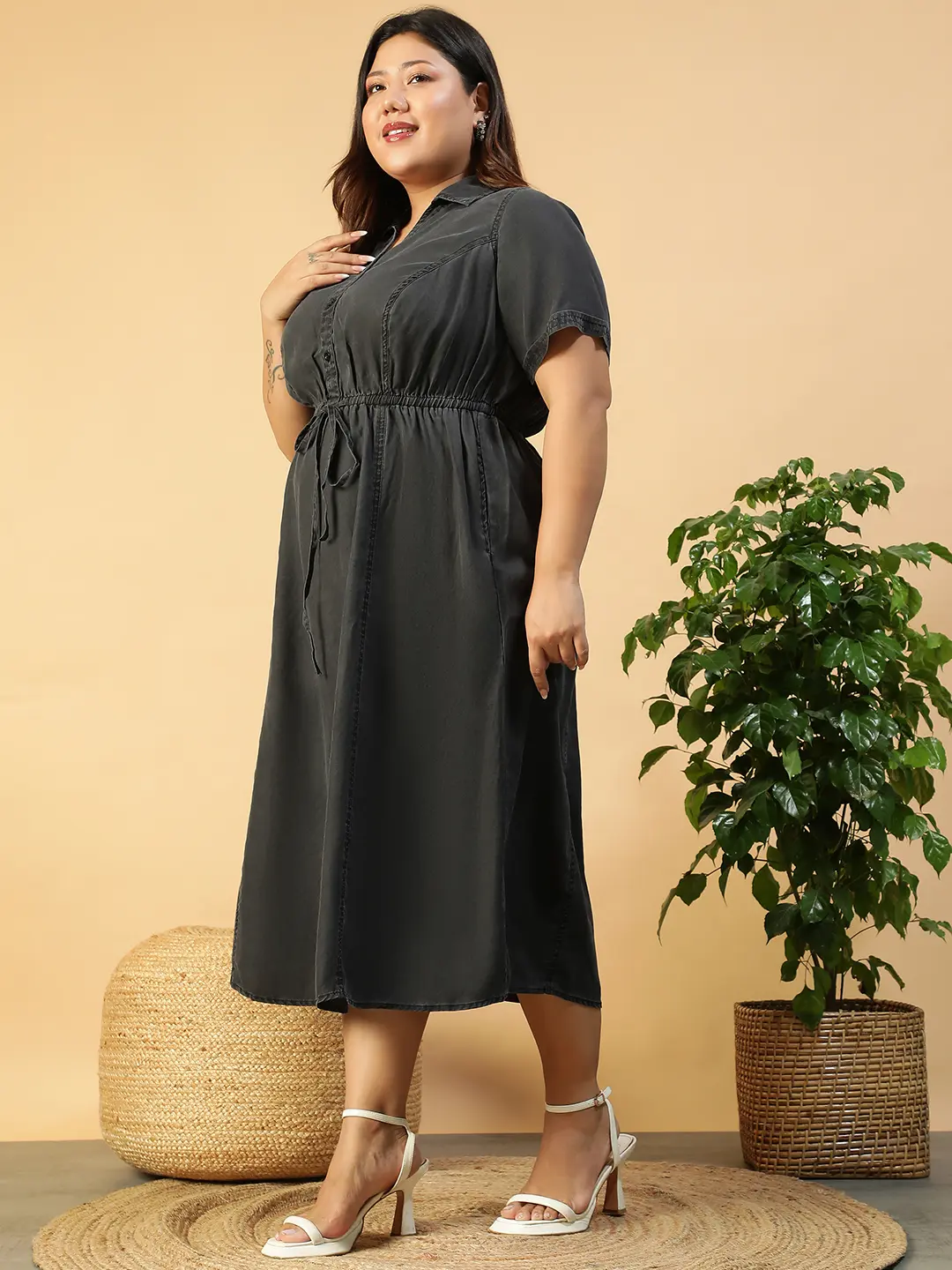Plus Size Black Denim Cotton Below Knee Elasticated Dress - Image 6