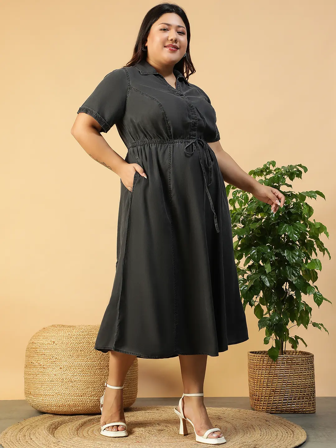 Plus Size Black Denim Cotton Below Knee Elasticated Dress - Image 7