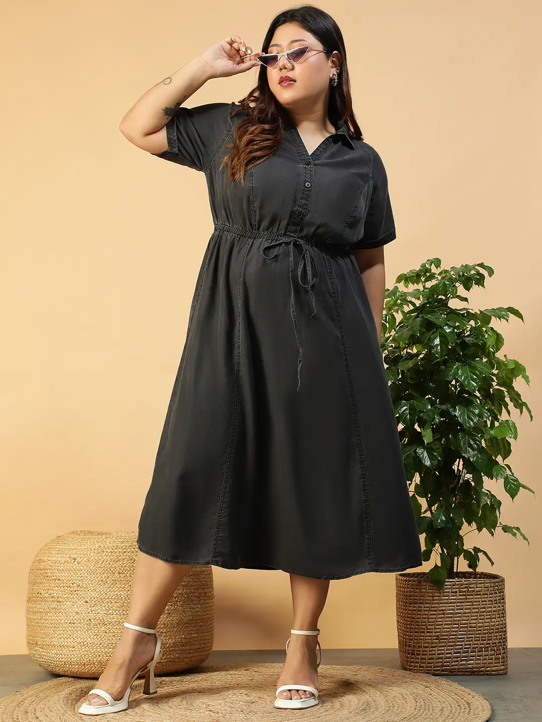 Plus Size Black Denim Cotton Below Knee Elasticated Dress - Image 8