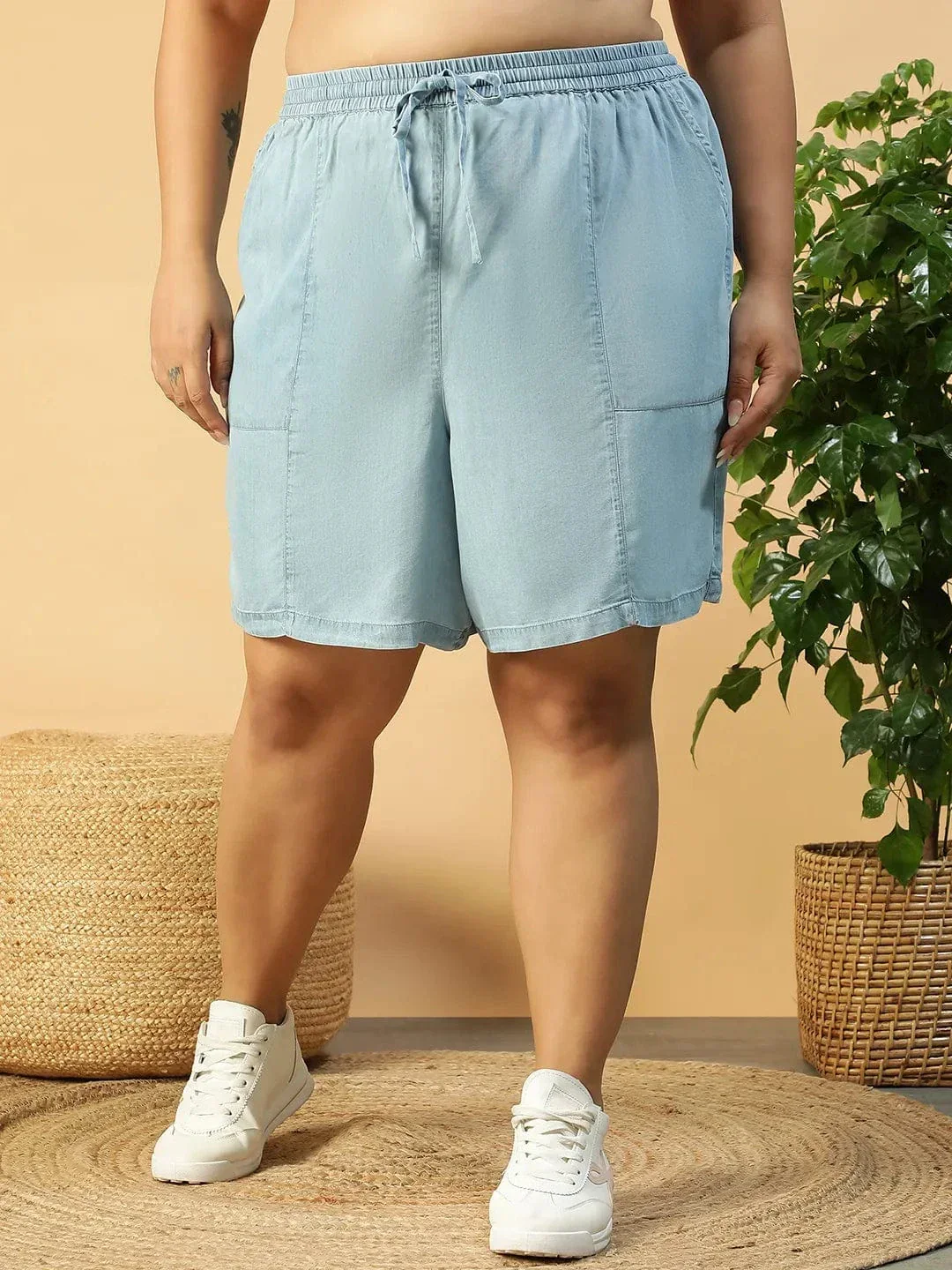 Plus Size Blue Washed Denim Shorts with Side Pockets