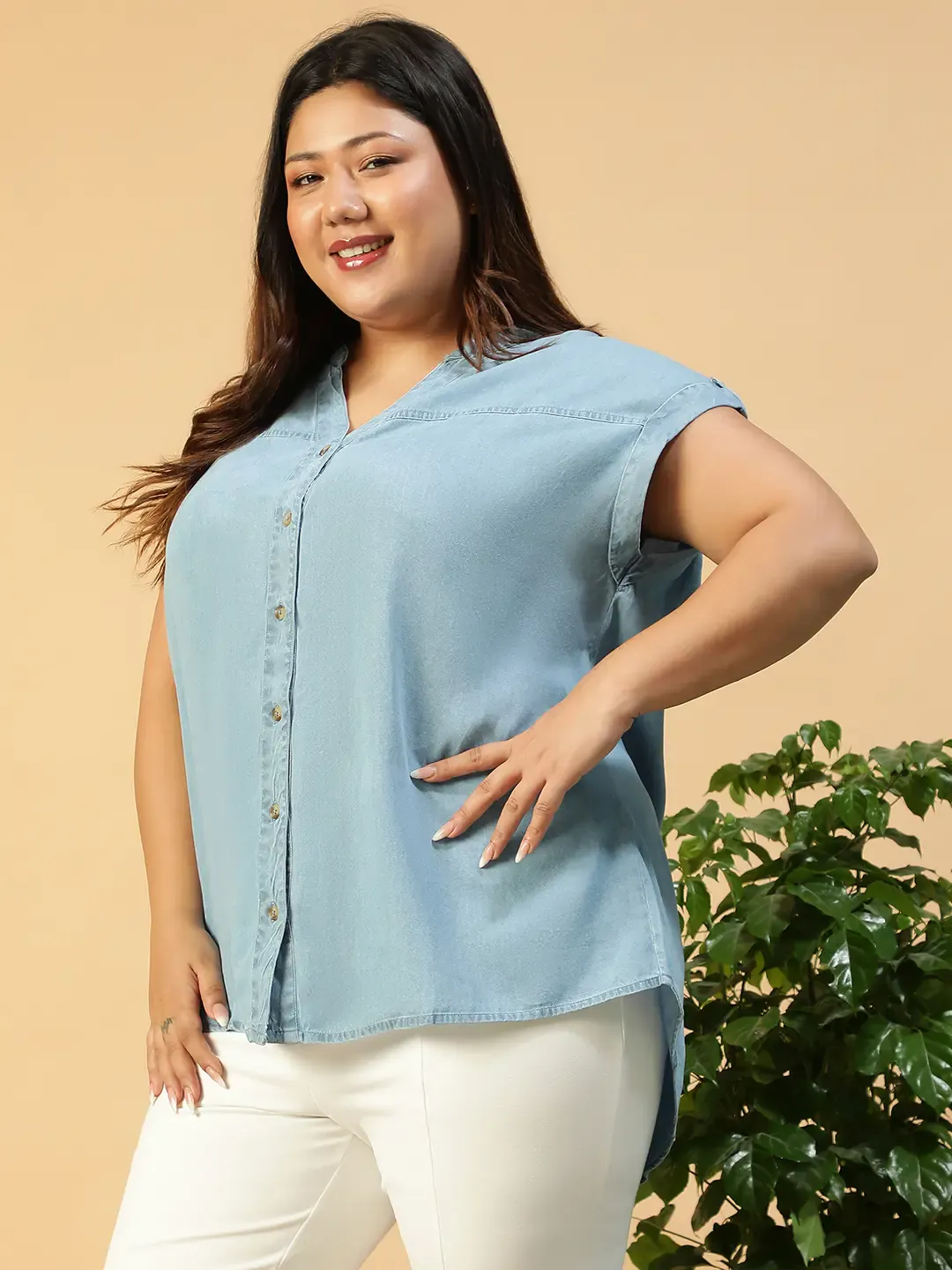 Plus Size Blue Women’s Cotton Denim Top - Image 3
