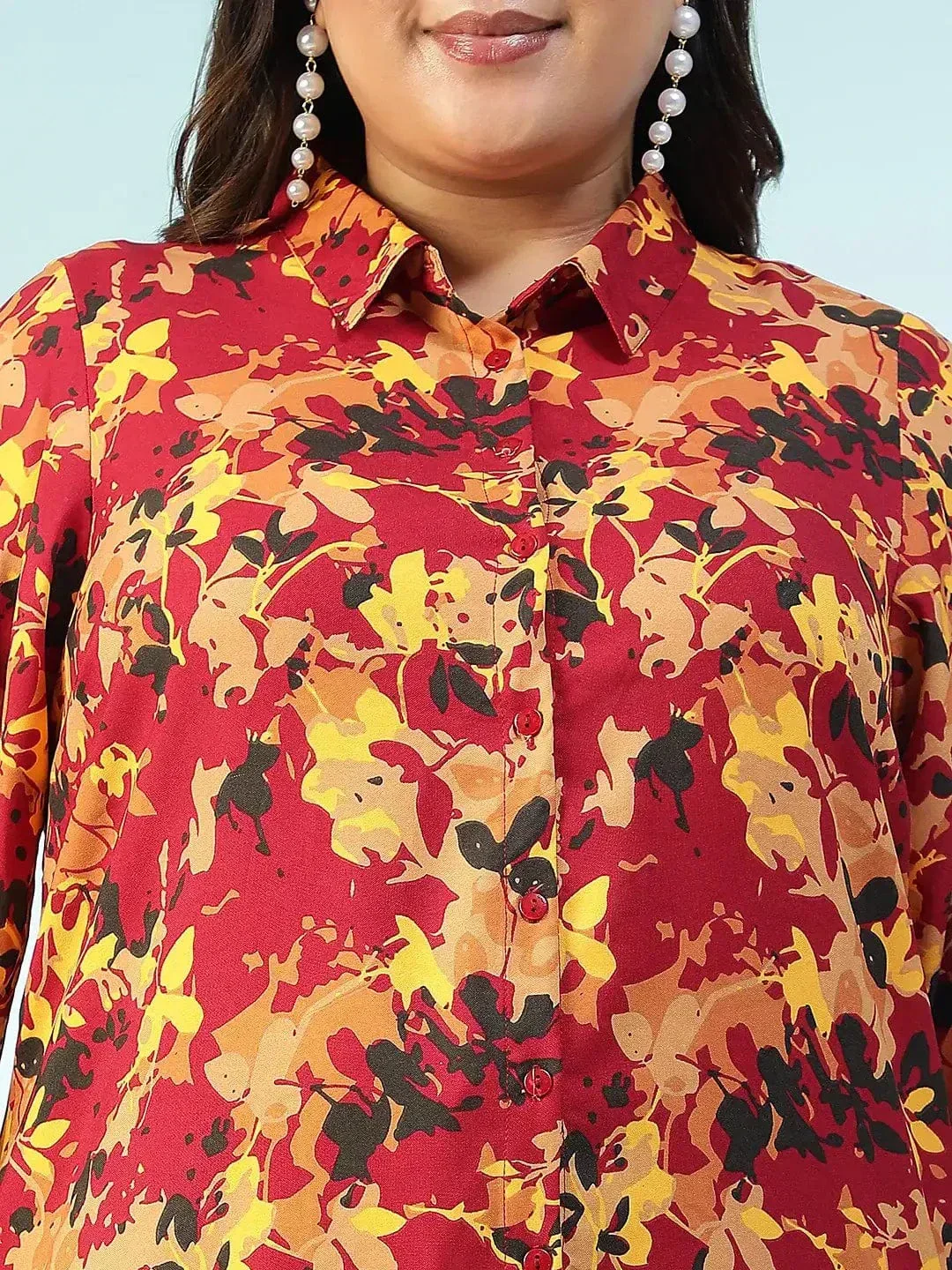 Plus Size Floral Tunic - Multicolor Rayon Button-Down Long Sleeve Relaxed Fit Top - Image 2