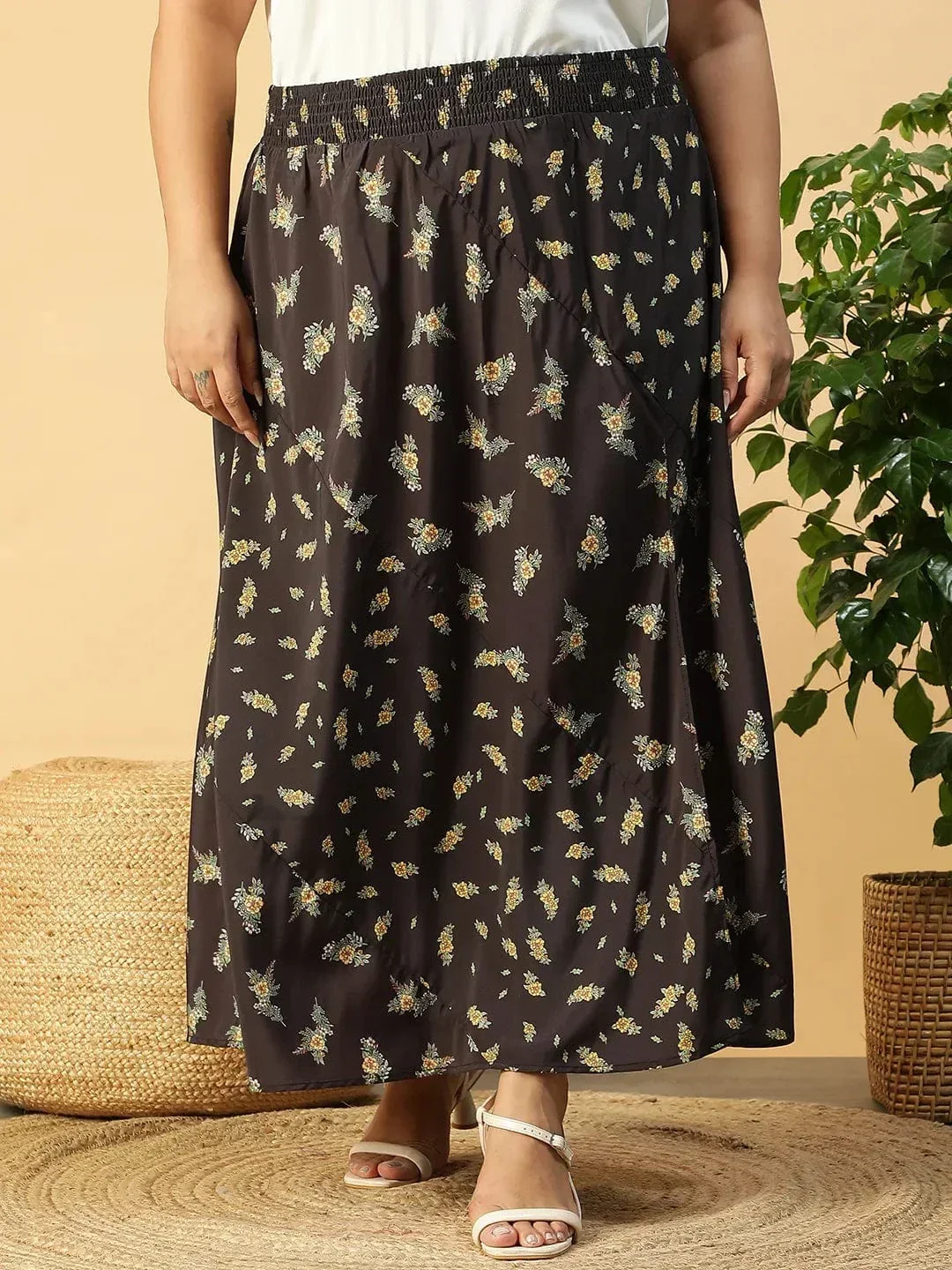 Plus Size Long Skirt - Black Floral Print Maxi With Elastic Waistband & Side Slit