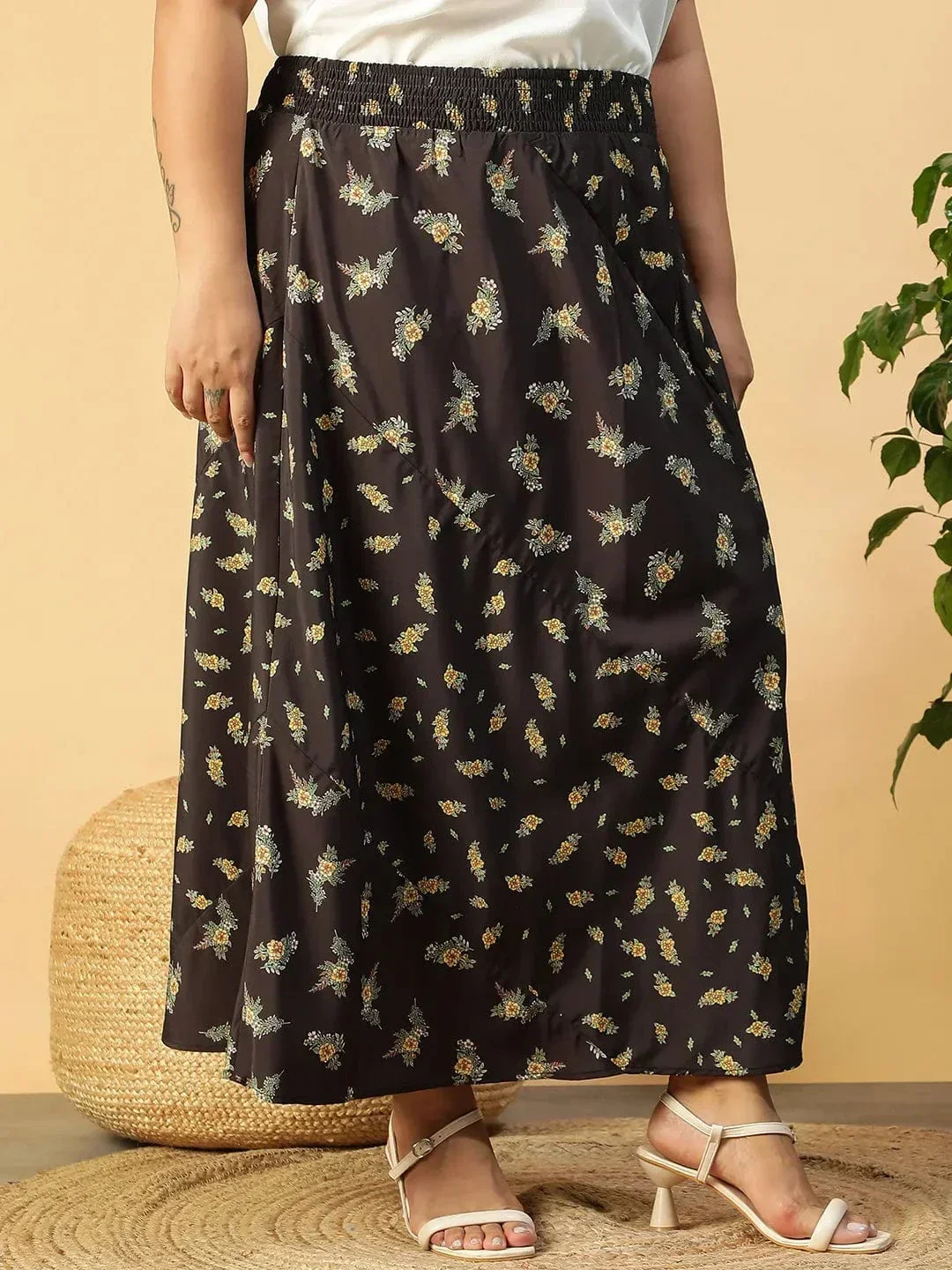 Plus Size Long Skirt - Black Floral Print Maxi With Elastic Waistband & Side Slit - Image 5