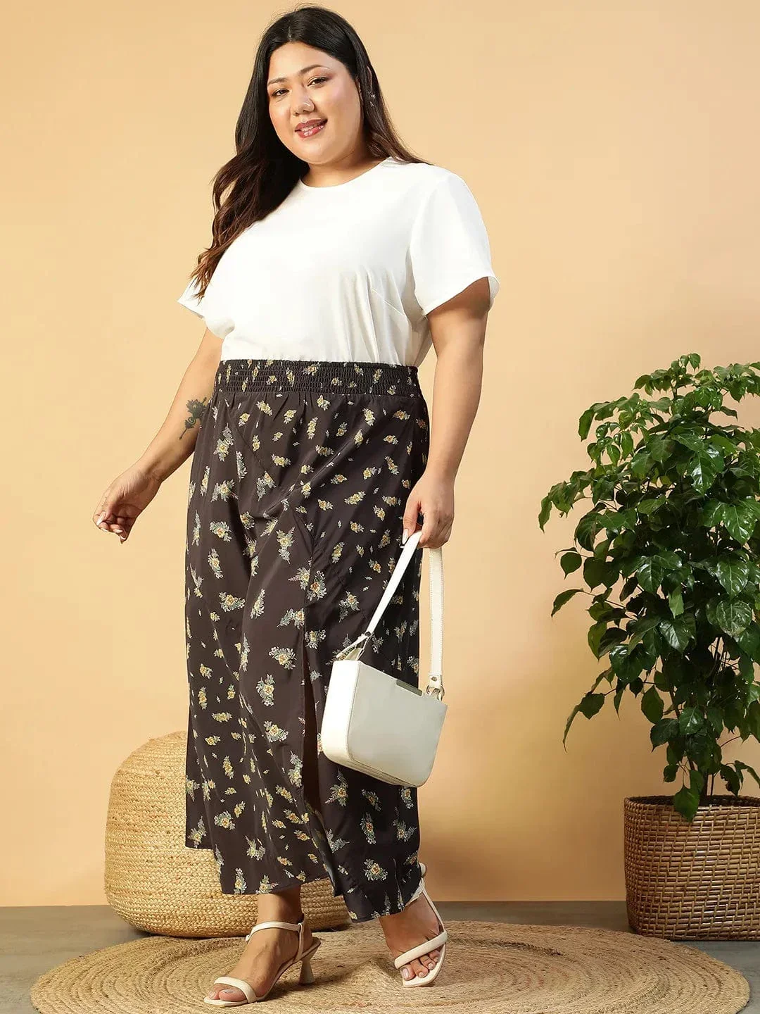 Plus Size Long Skirt - Black Floral Print Maxi With Elastic Waistband & Side Slit - Image 8