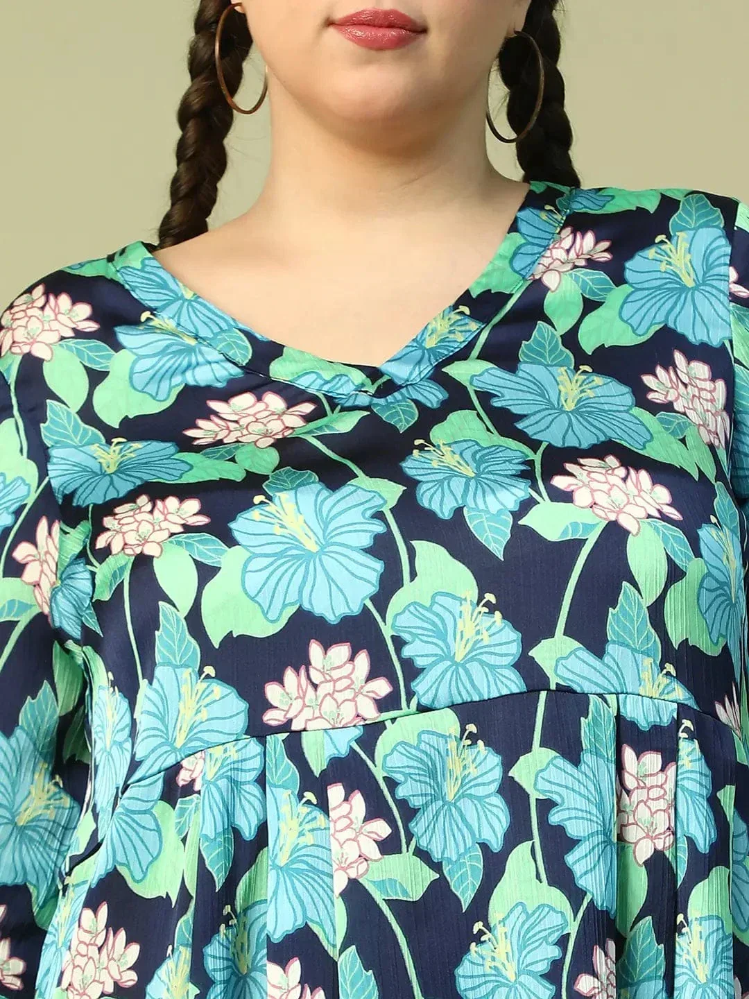 Plus Size Multicolor Floral Print V-Neck Long Sleeve Knee Length Dress - Image 8