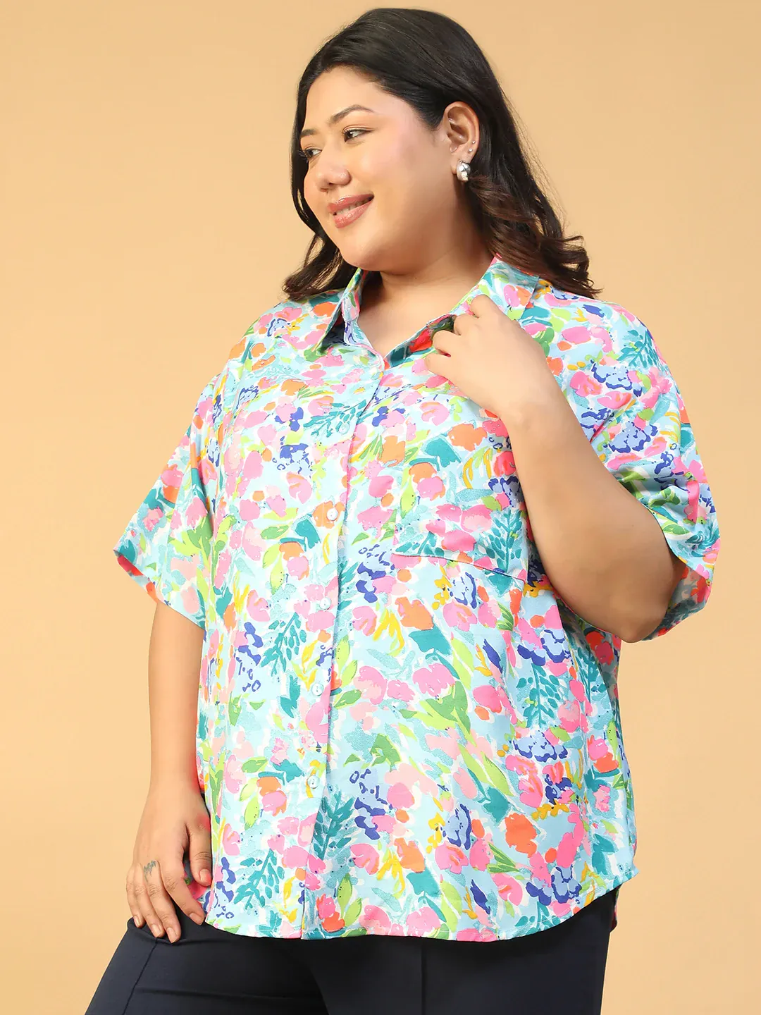 Plus Size Multicolor Floral Print Women’s Shirt - Image 4