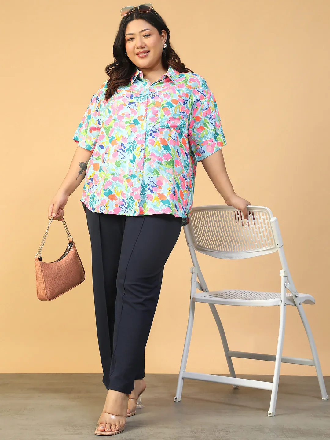 Plus Size Multicolor Floral Print Women’s Shirt - Image 6