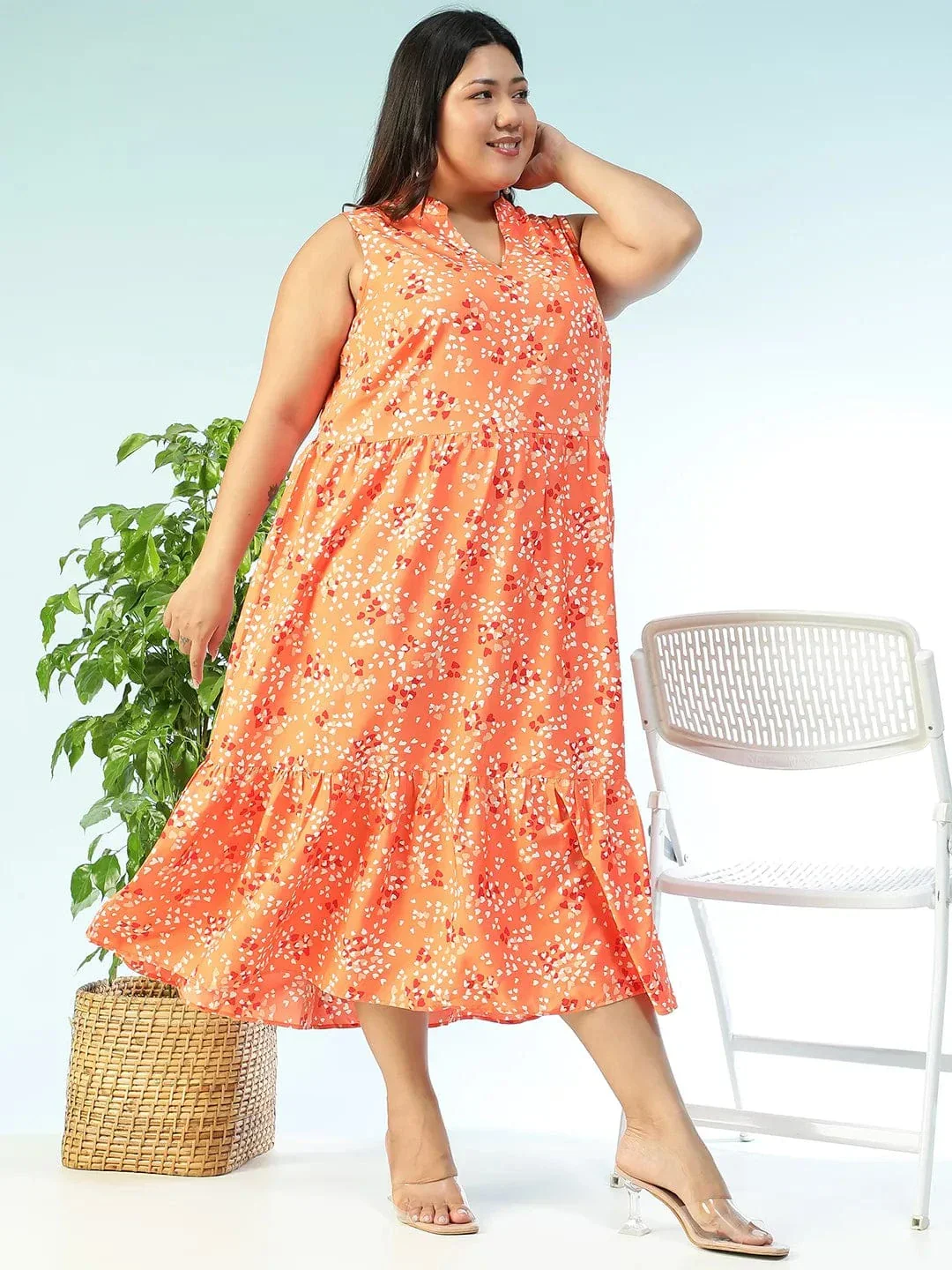 Plus Size Orange Floral Sleeveless Flared Midi Dress - Image 4