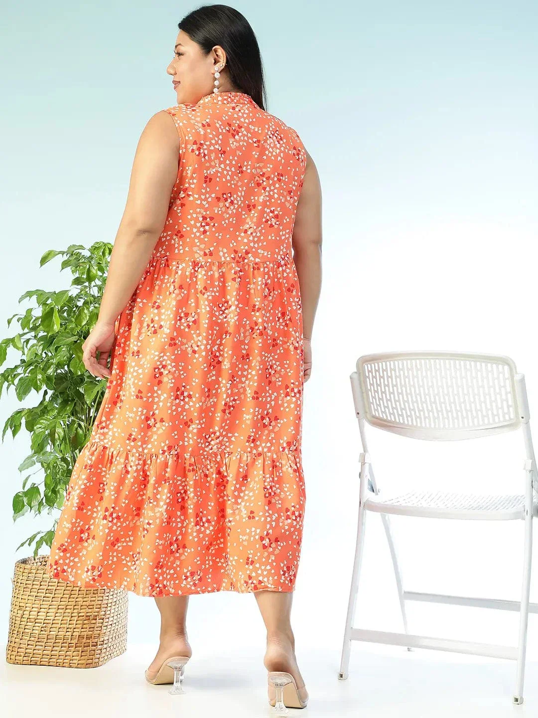 Plus Size Orange Floral Sleeveless Flared Midi Dress - Image 5