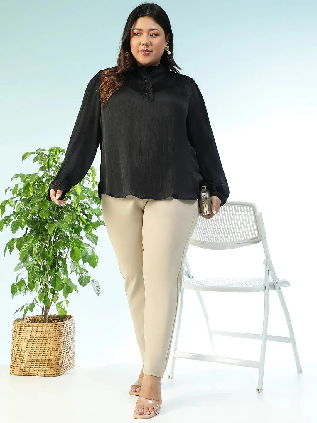 Plus Size Satin Top - Black Button Detail Top With Round Neck & Long Sleeves - Image 8