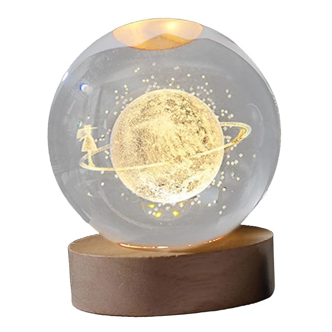 Pluto: 3D LED Crystal Ball Night Lamp with Holographic Engraving & USB-Powered Wooden Base for Home & Office Décor - Image 3