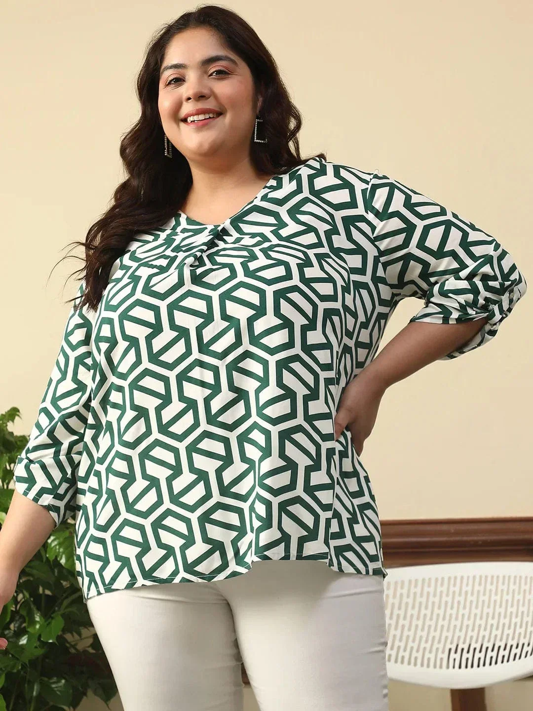 Poise Green Abstract Rayon Print Plus Size Women Top With Long Sleeves And Pleated Detailing. - Image 2