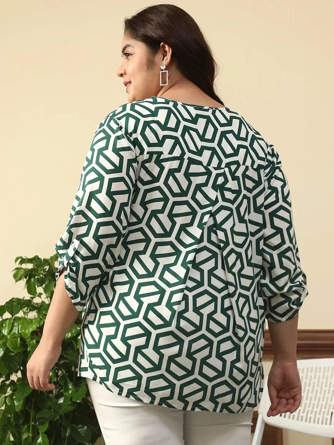 Poise Green Abstract Rayon Print Plus Size Women Top With Long Sleeves And Pleated Detailing. - Image 5