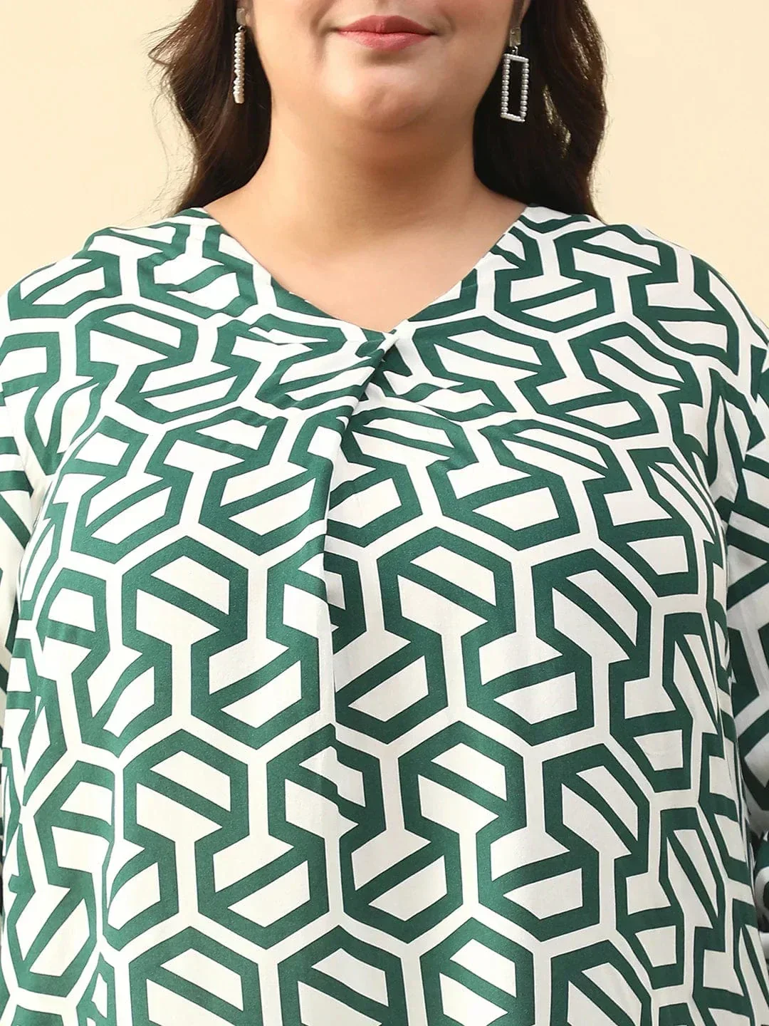 Poise Green Abstract Rayon Print Plus Size Women Top With Long Sleeves And Pleated Detailing. - Image 6