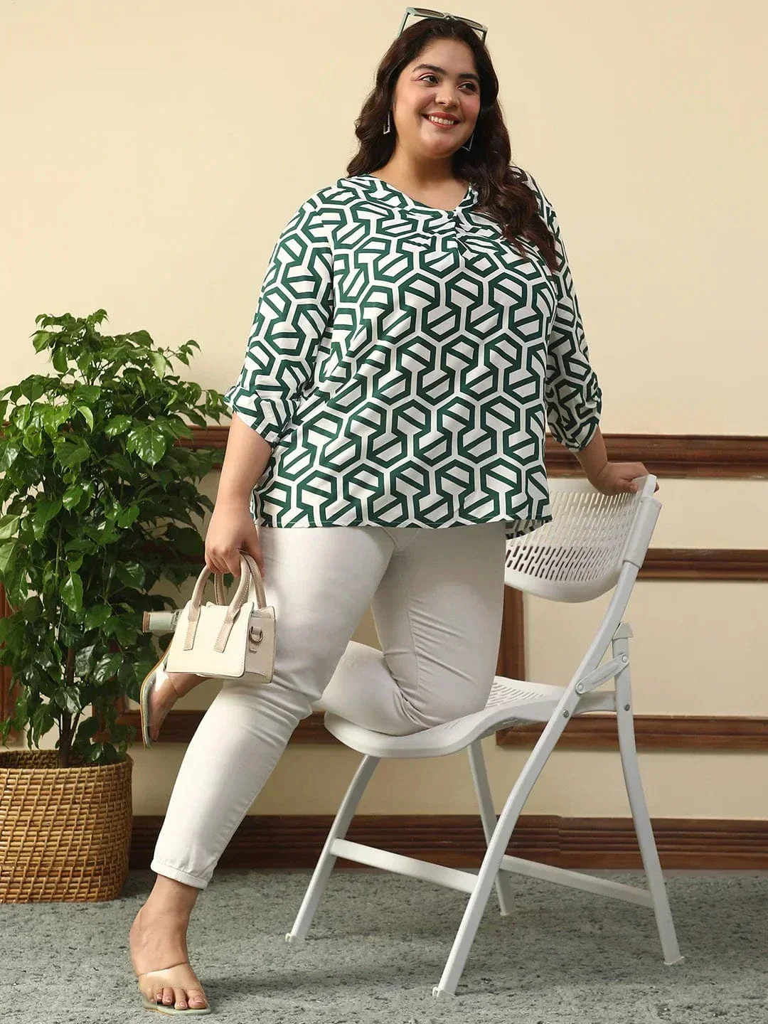 Poise Green Abstract Rayon Print Plus Size Women Top With Long Sleeves And Pleated Detailing. - Image 7