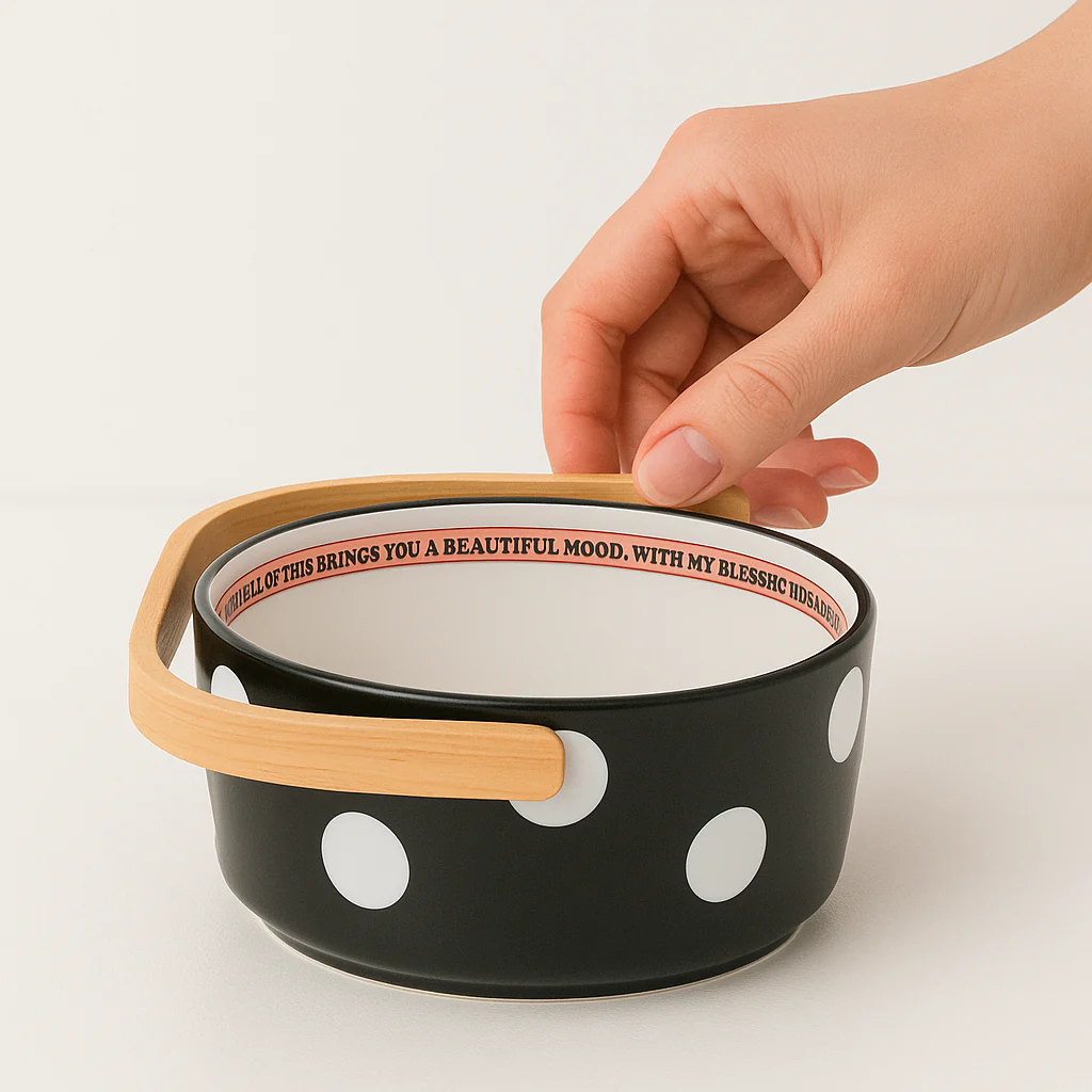 Polka Dot Ceramic Basket with Wooden Handle – Multipurpose Bowl for Snacks, Fruits & Decor - Image 3