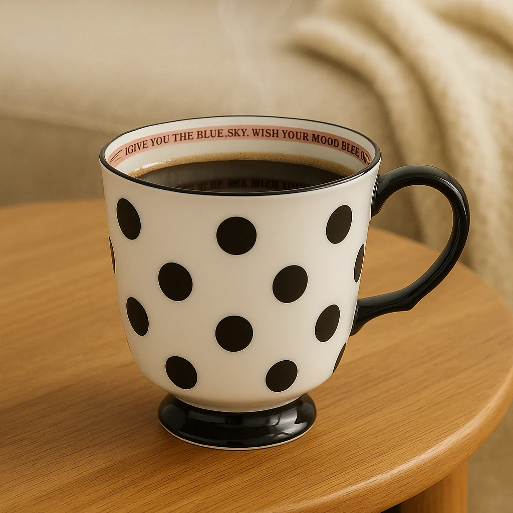 Polka Dot Ceramic Coffee Mug –Stylish Black & White Tea Cup with Handle - Image 3