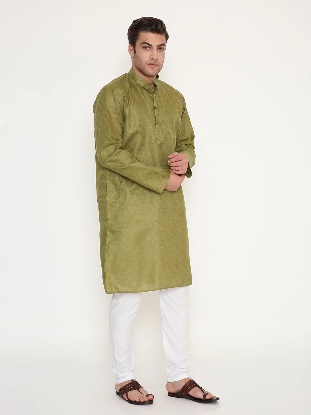 Poly Viscose Regular Fit Kurta in Olive Green - Image 2