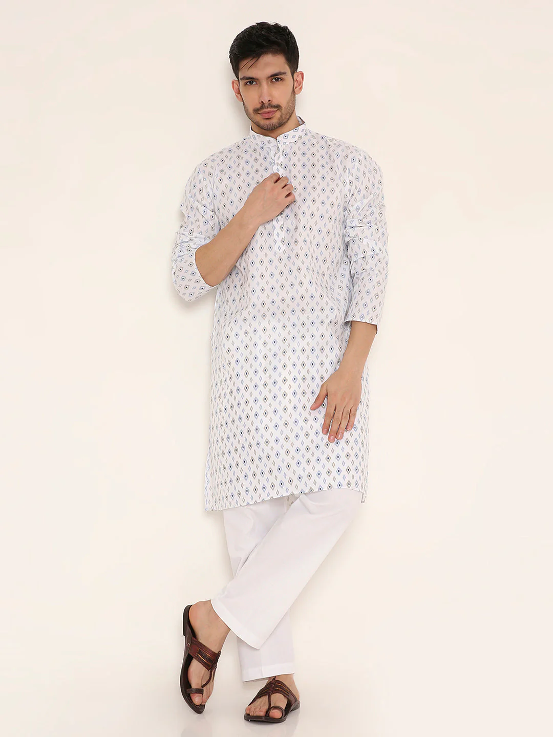Poly Viscose Regular Fit Traditional Print Design Kurta Pyjama Set in White - Image 6