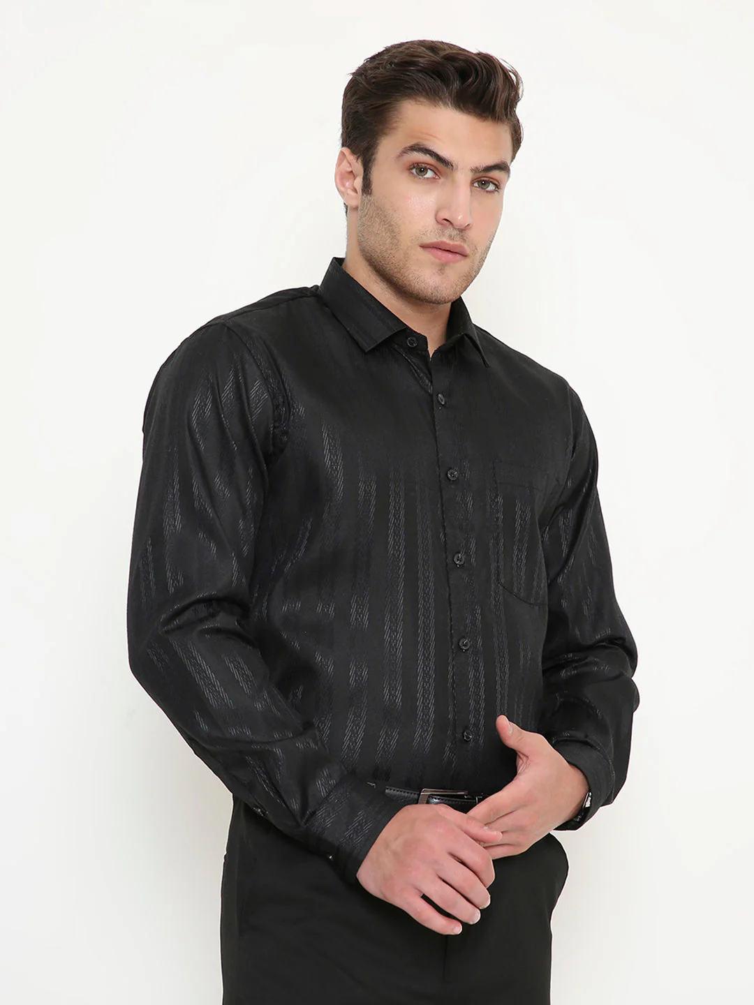 Poly Viscose Self Design Slim Fit Shirt in Black - Image 4
