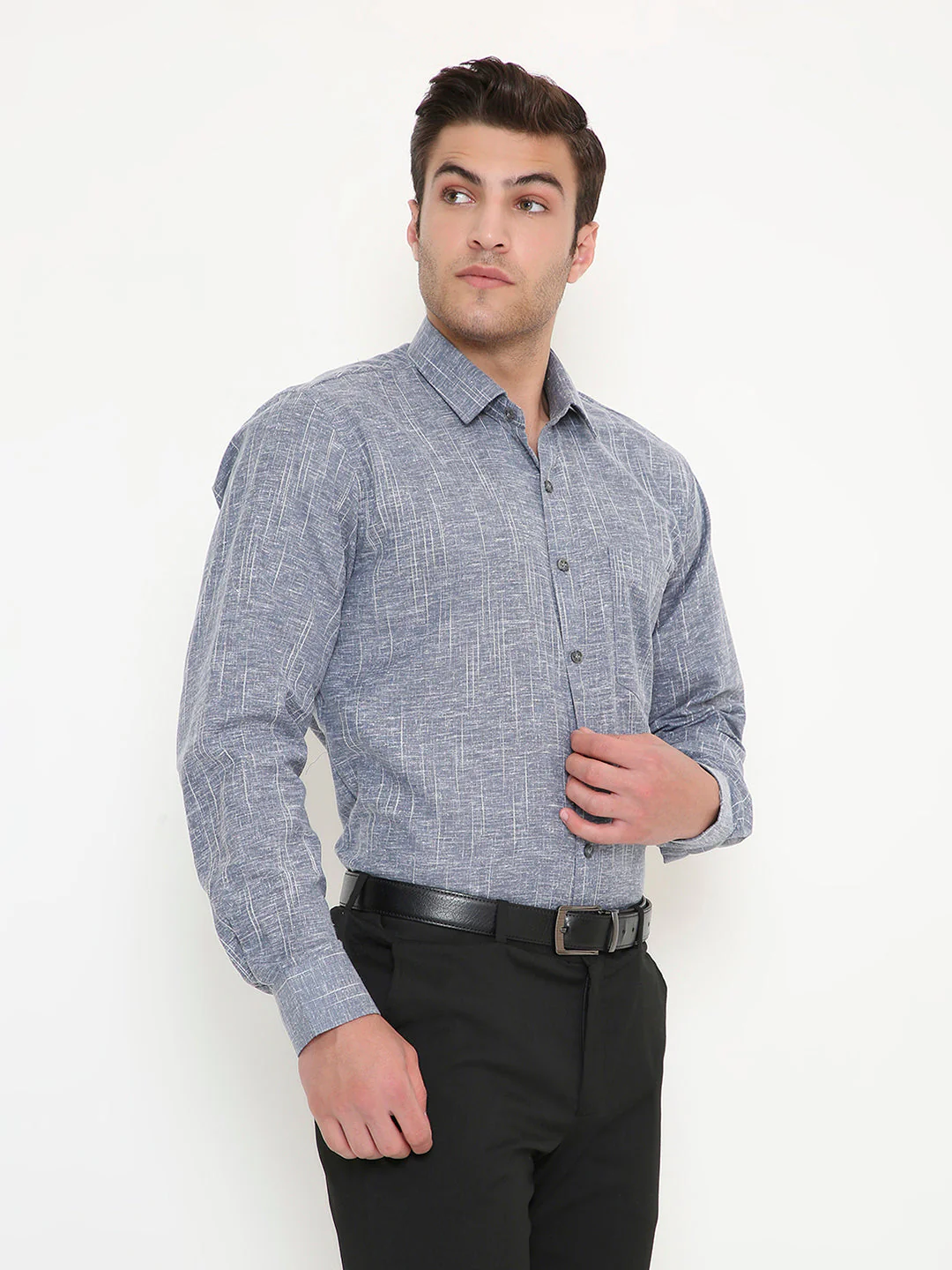 Poly Viscose Self Design Slim Fit Shirt in Grey - Image 4