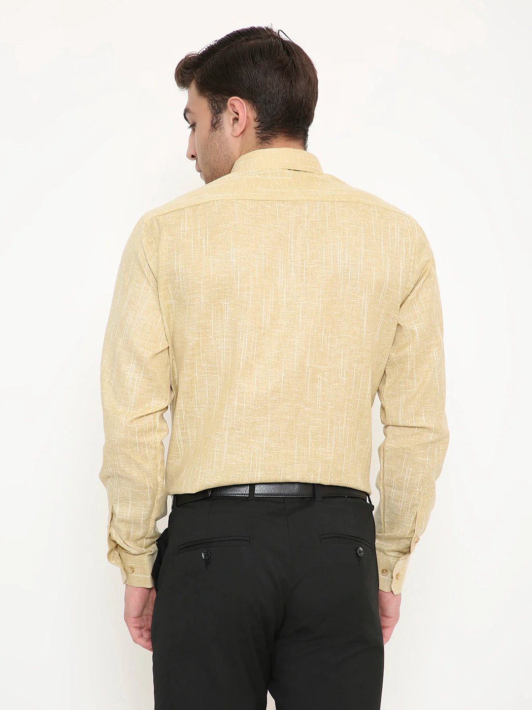 Poly Viscose Self Design Slim Fit Shirt in Ocher - Image 2