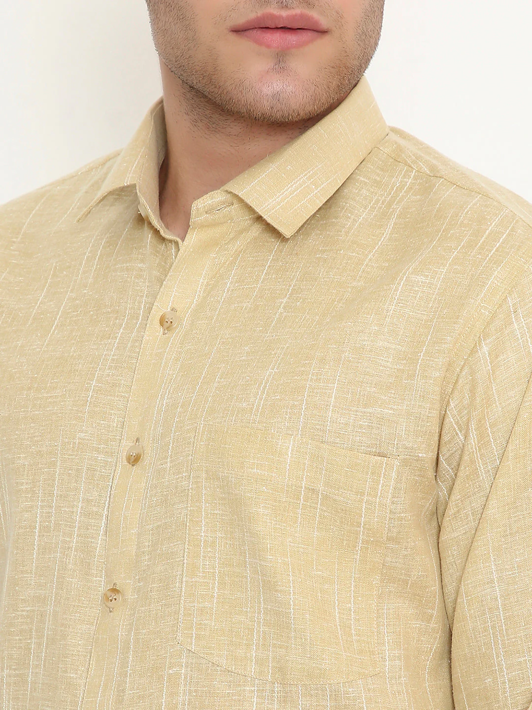 Poly Viscose Self Design Slim Fit Shirt in Ocher - Image 5