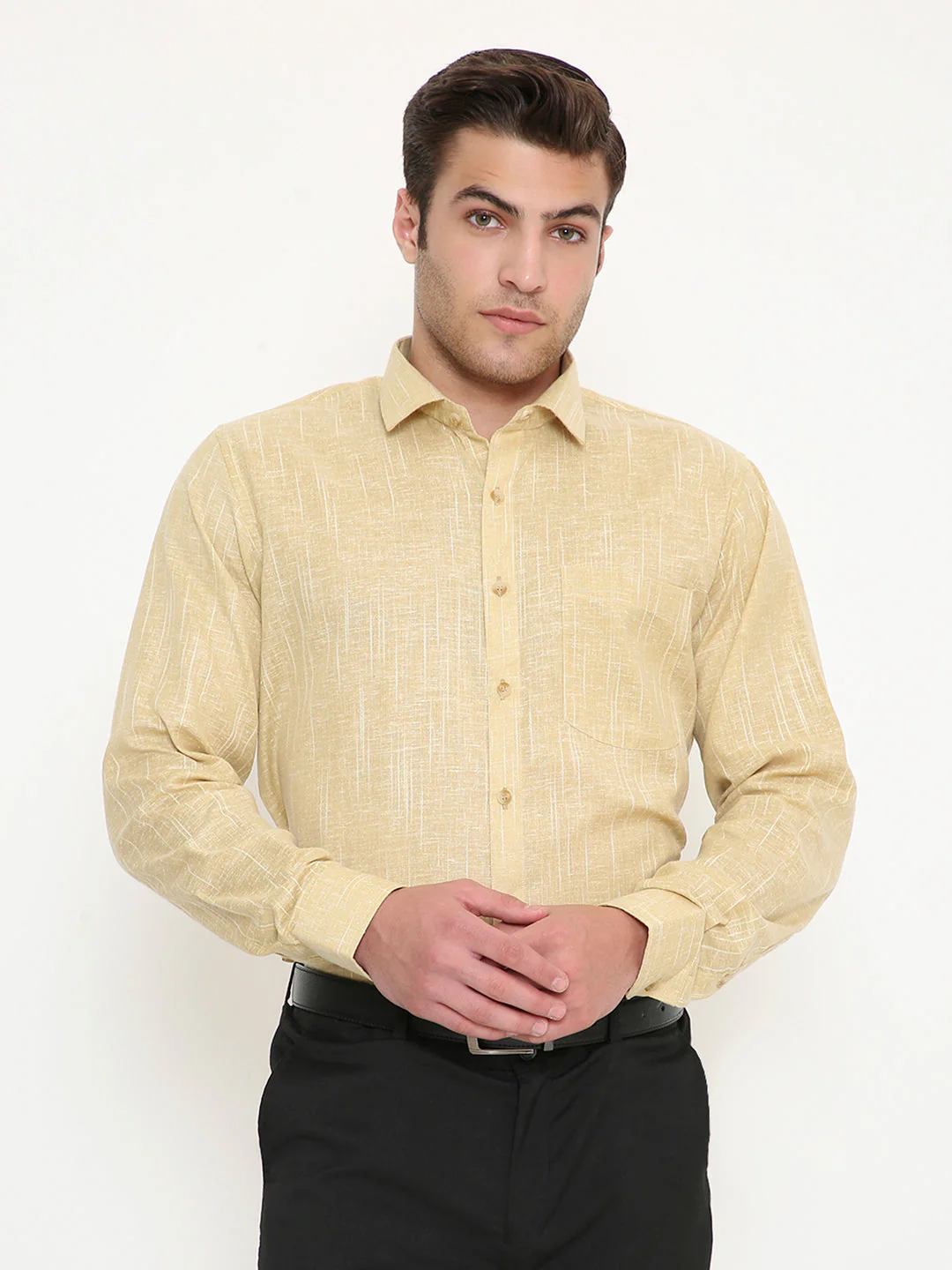 Poly Viscose Self Design Slim Fit Shirt in Ocher - Image 8