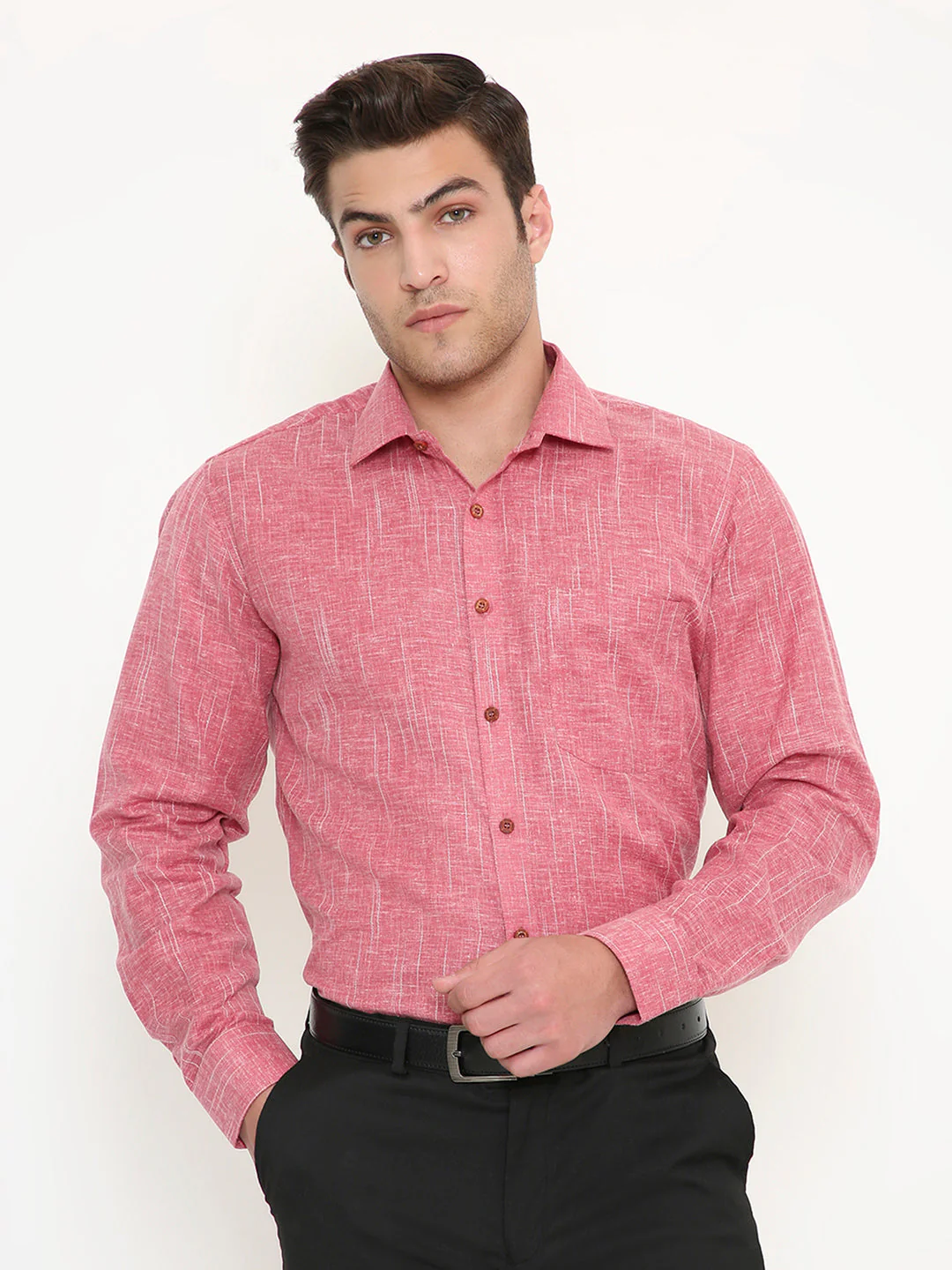 Poly Viscose Self Design Slim Fit Shirt in Red - Image 17