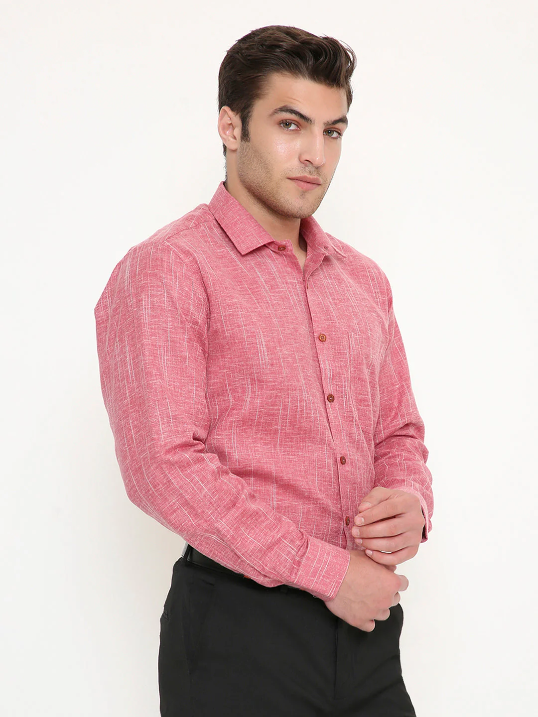 Poly Viscose Self Design Slim Fit Shirt in Red - Image 4