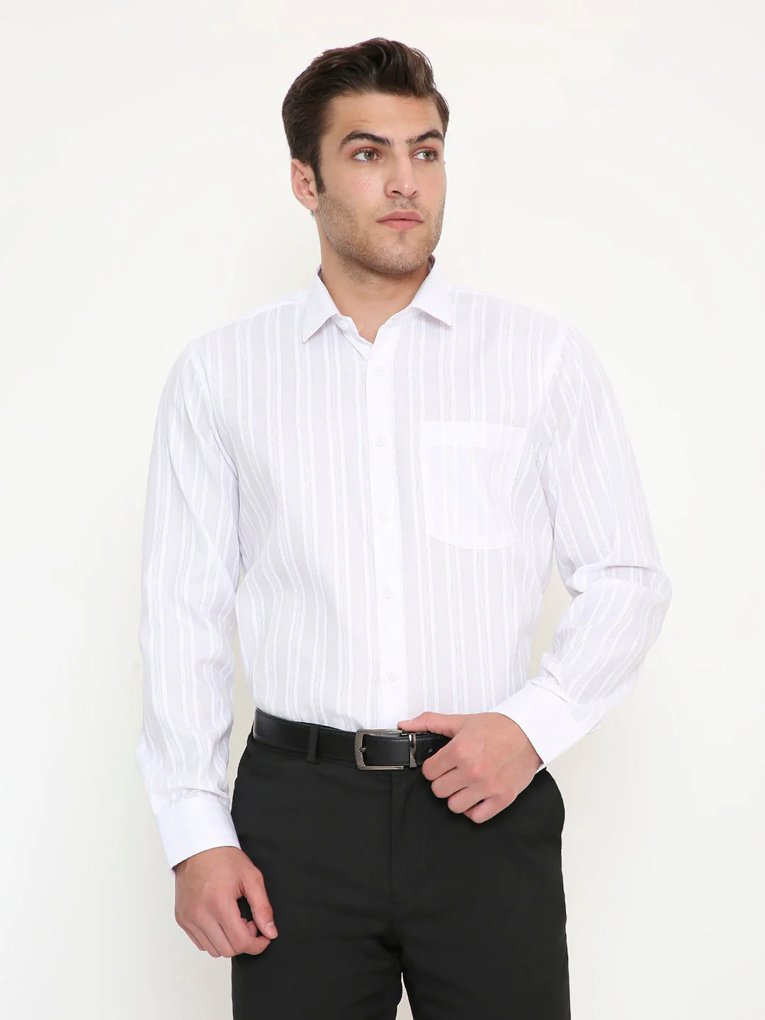 Poly Viscose Self Design Slim Fit Shirt in White - Image 10