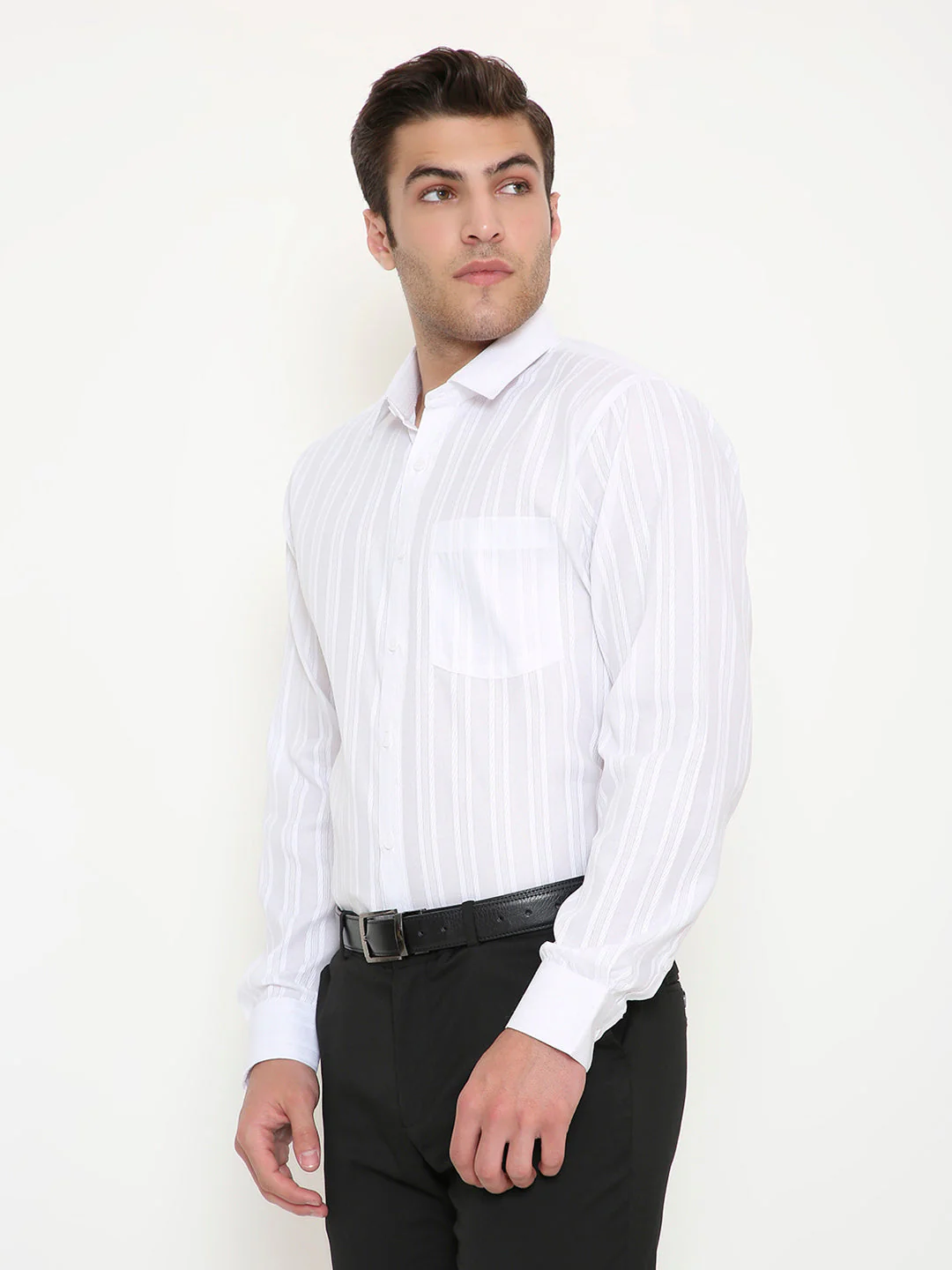 Poly Viscose Self Design Slim Fit Shirt in White - Image 3
