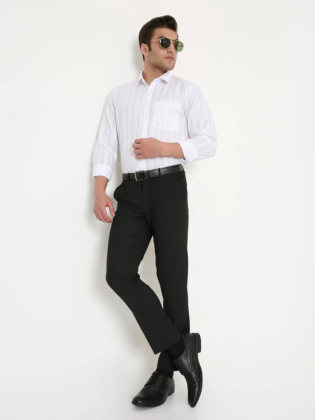 Poly Viscose Self Design Slim Fit Shirt in White - Image 6