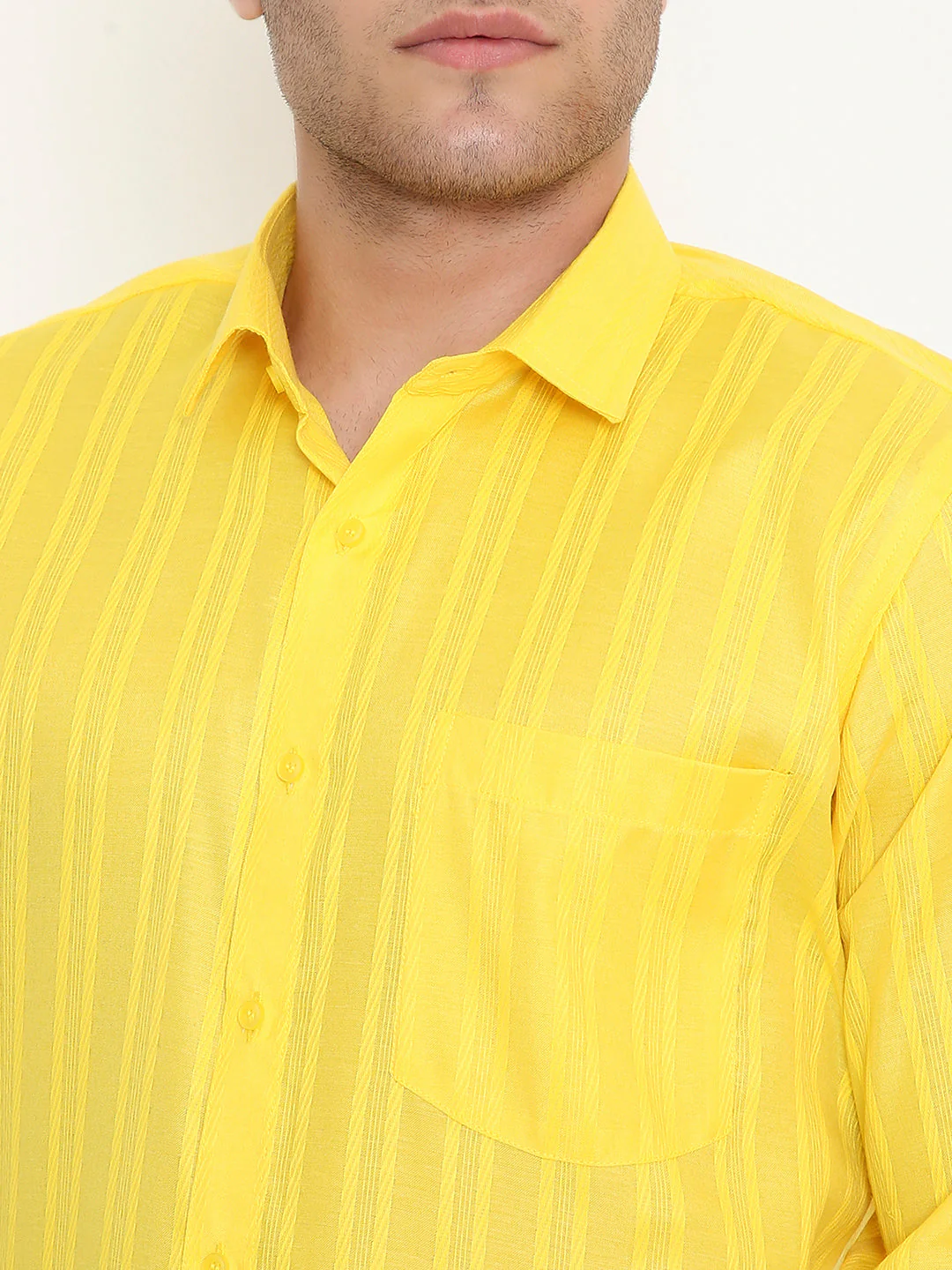 Poly Viscose Self Design Slim Fit Shirt in Yellow - Image 5