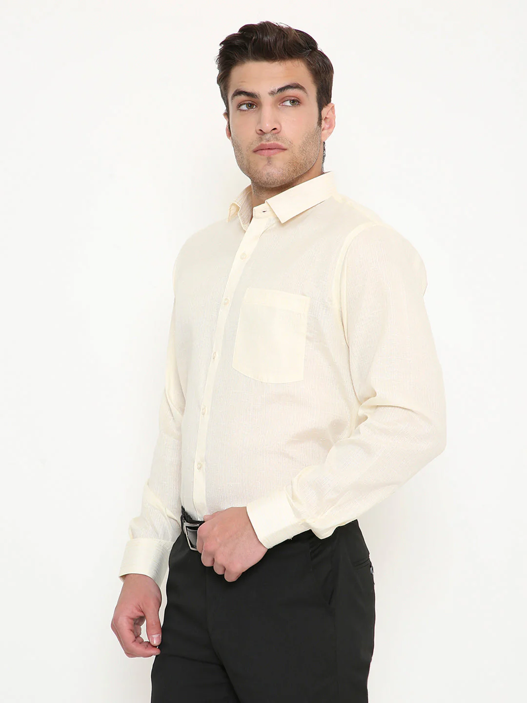 Poly Viscose Shiny Solid Slim Fit Shirt in Beige - Image 3