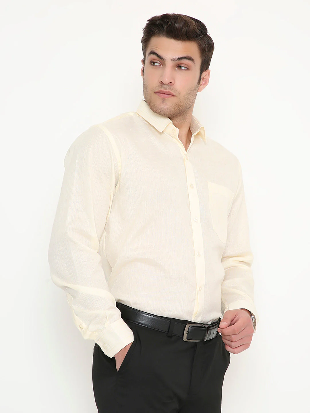 Poly Viscose Shiny Solid Slim Fit Shirt in Beige - Image 4