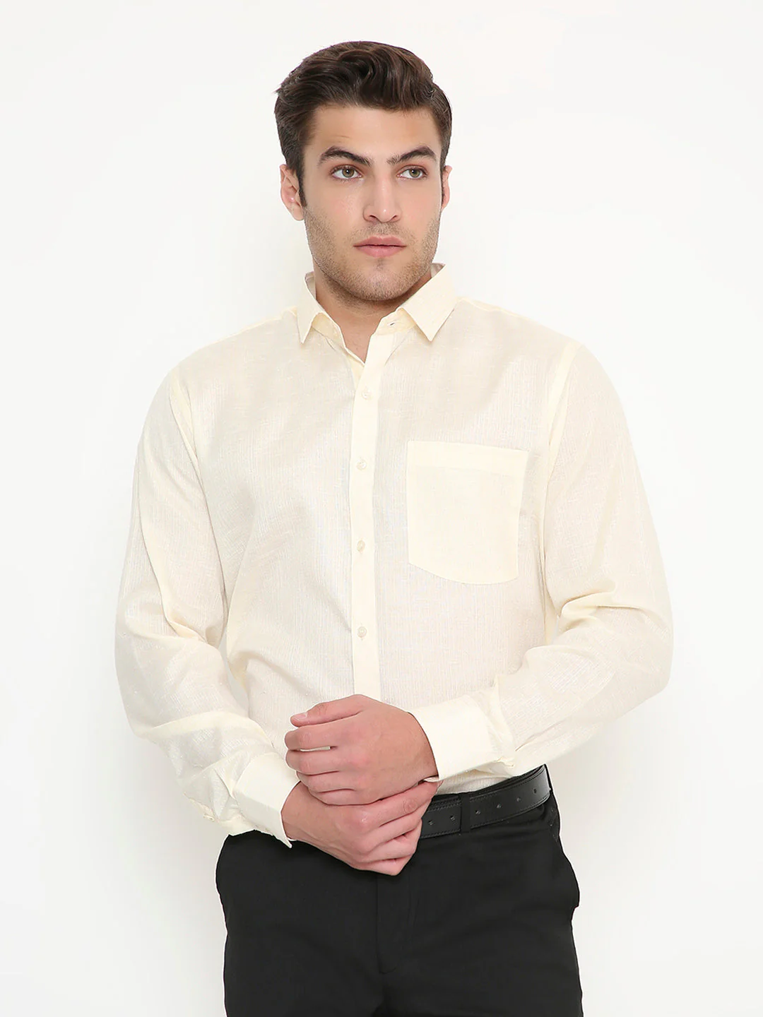 Poly Viscose Shiny Solid Slim Fit Shirt in Beige - Image 7