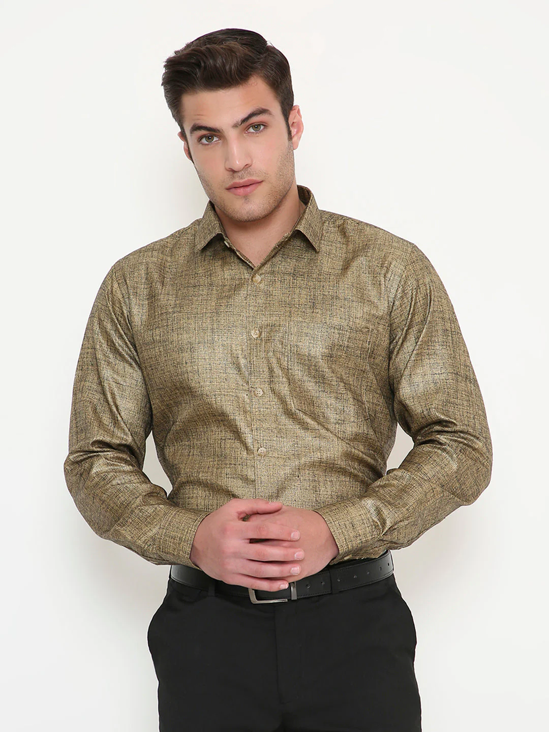 Poly Viscose Slim Fit Solid Shirt in Gold - Image 77